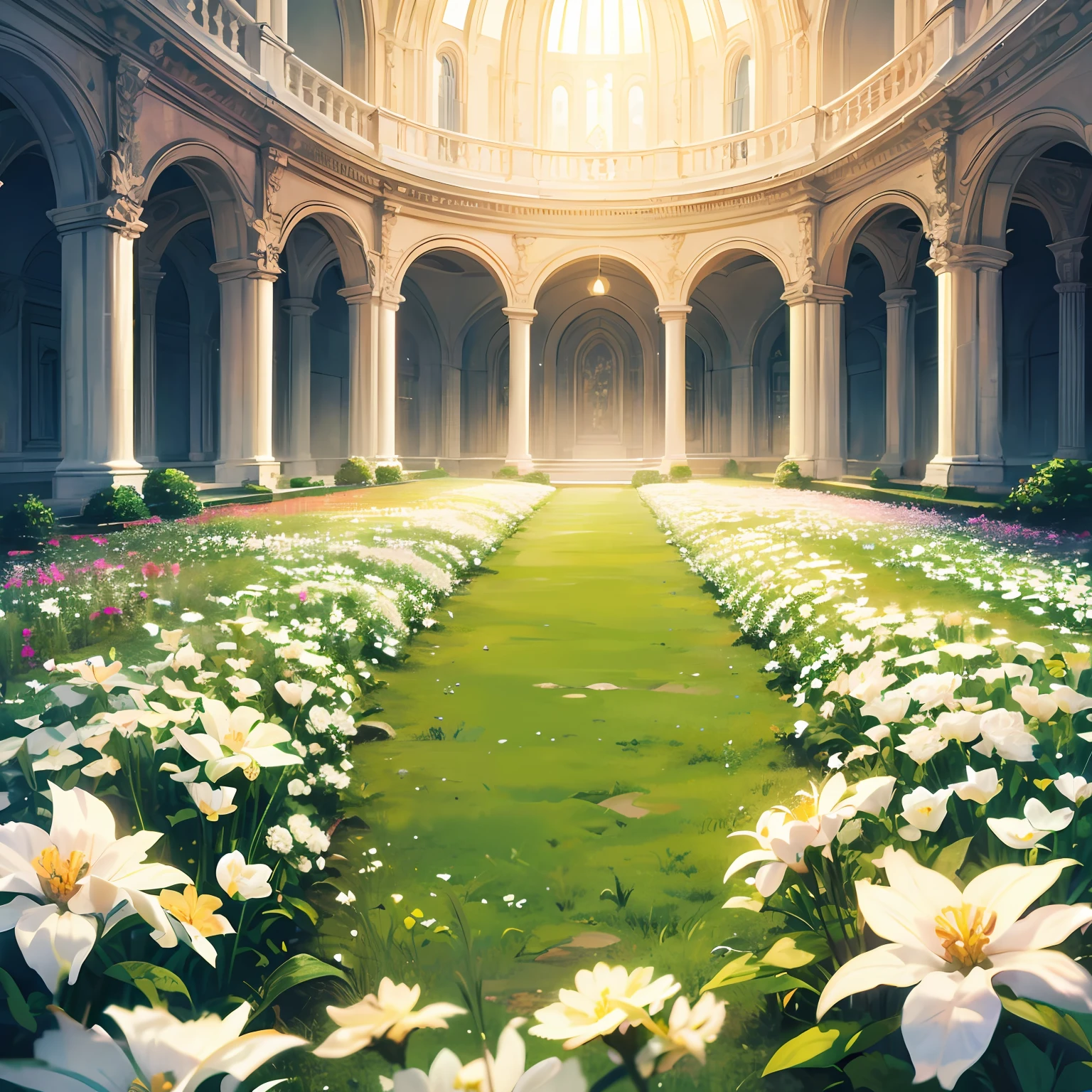 garden full of white flowers and sunbeam intricately designed, 8k resolution, UHD, Bloom effect, Dreamlike places --auto