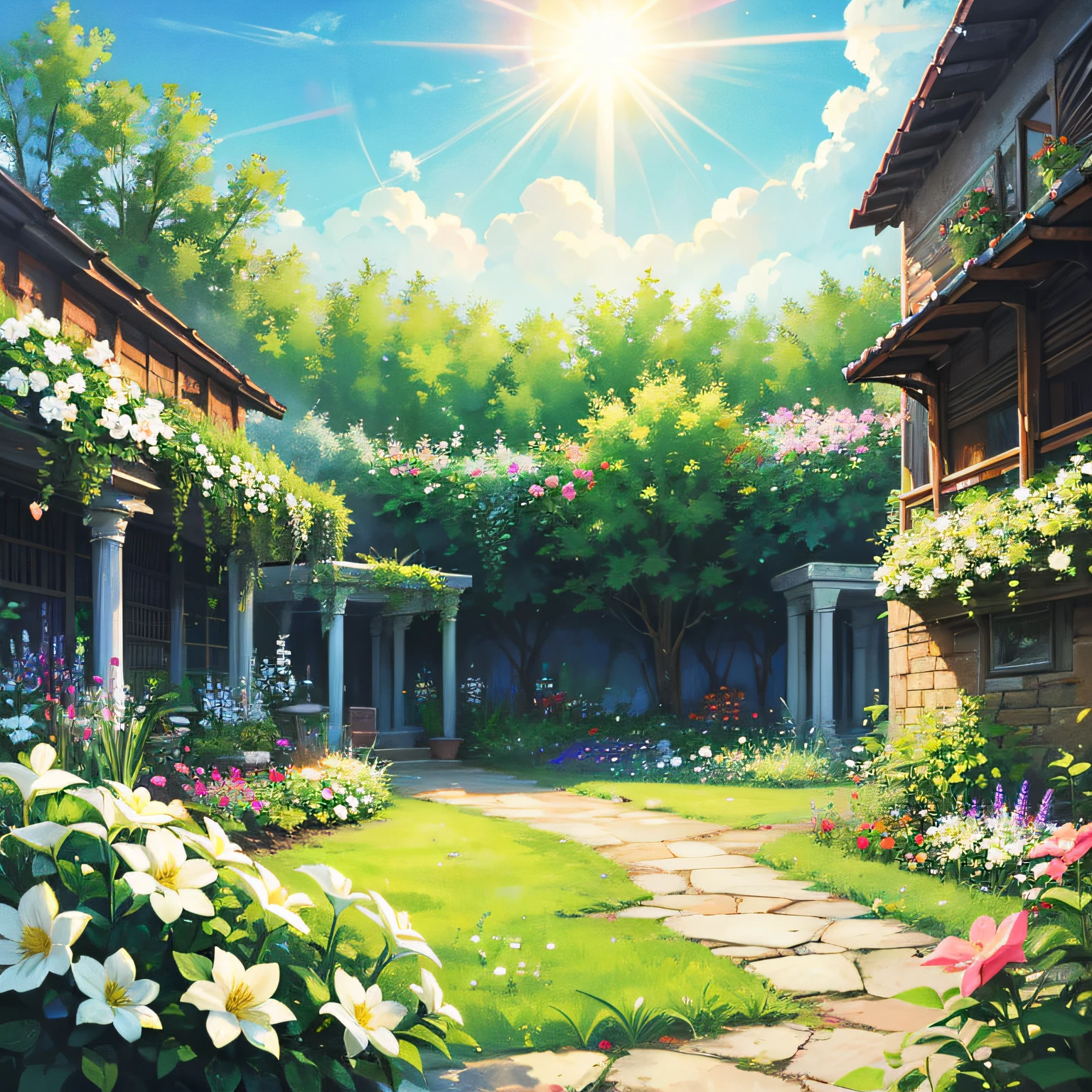 garden full of white flowers and sunbeam intricately designed, 8k resolution, UHD, Bloom effect, Dreamlike places --auto