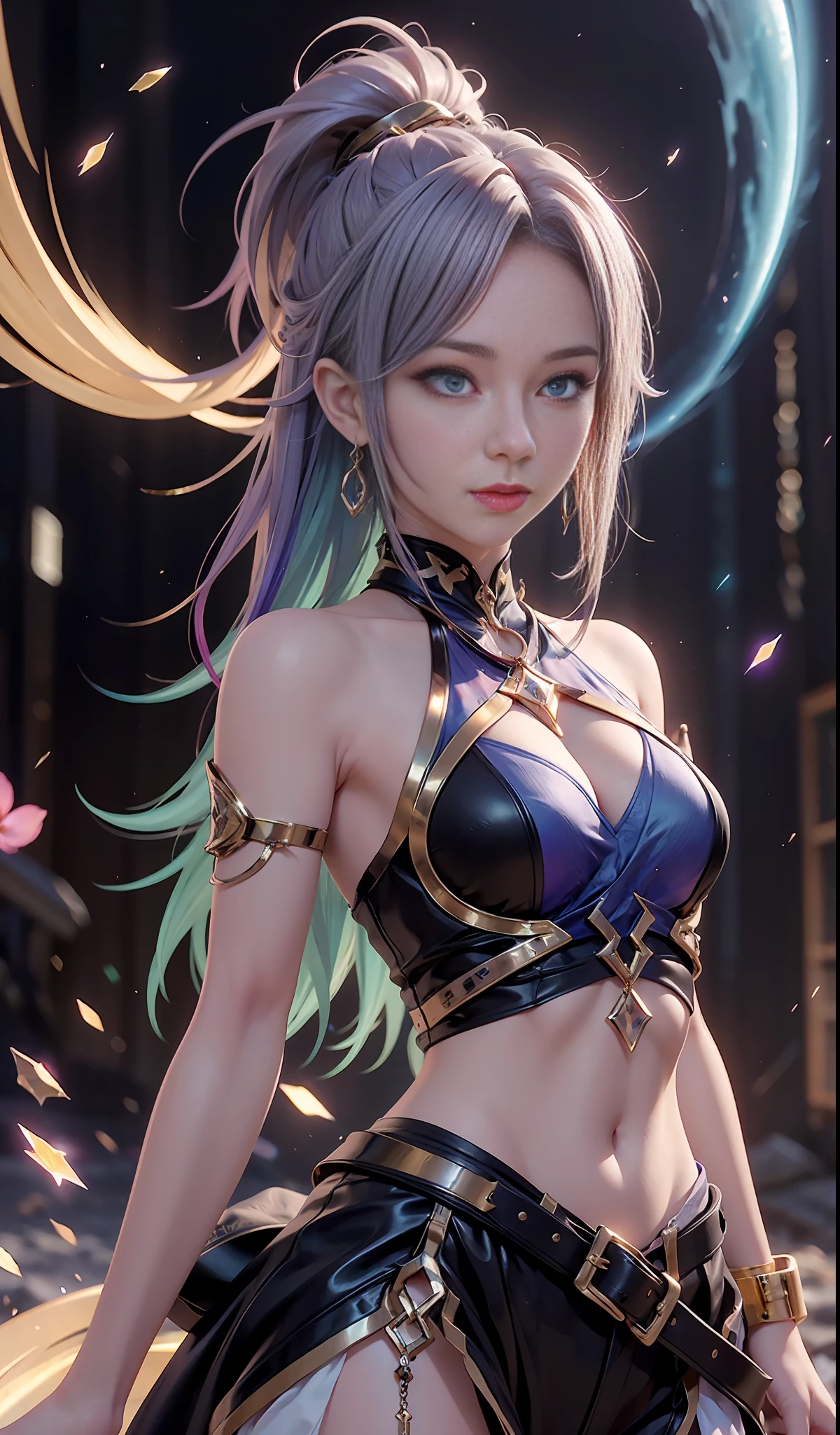 digital analysis, anime style, woman, elemental mage engulfed in blue flames and yellow lightning, color chaos, gold and ice tones, depth of field, beautiful face with more eye detail, highly detailed, surreal, cinematic lighting, clear, spatial background, cinematic lighting soft, (backlight: 1.2), (blossom: 1.2), (brightness: 1.1), (chromatic aberration: 1.2), sharp focus, high contrast , masterpiece, realistic, dynamic pose.