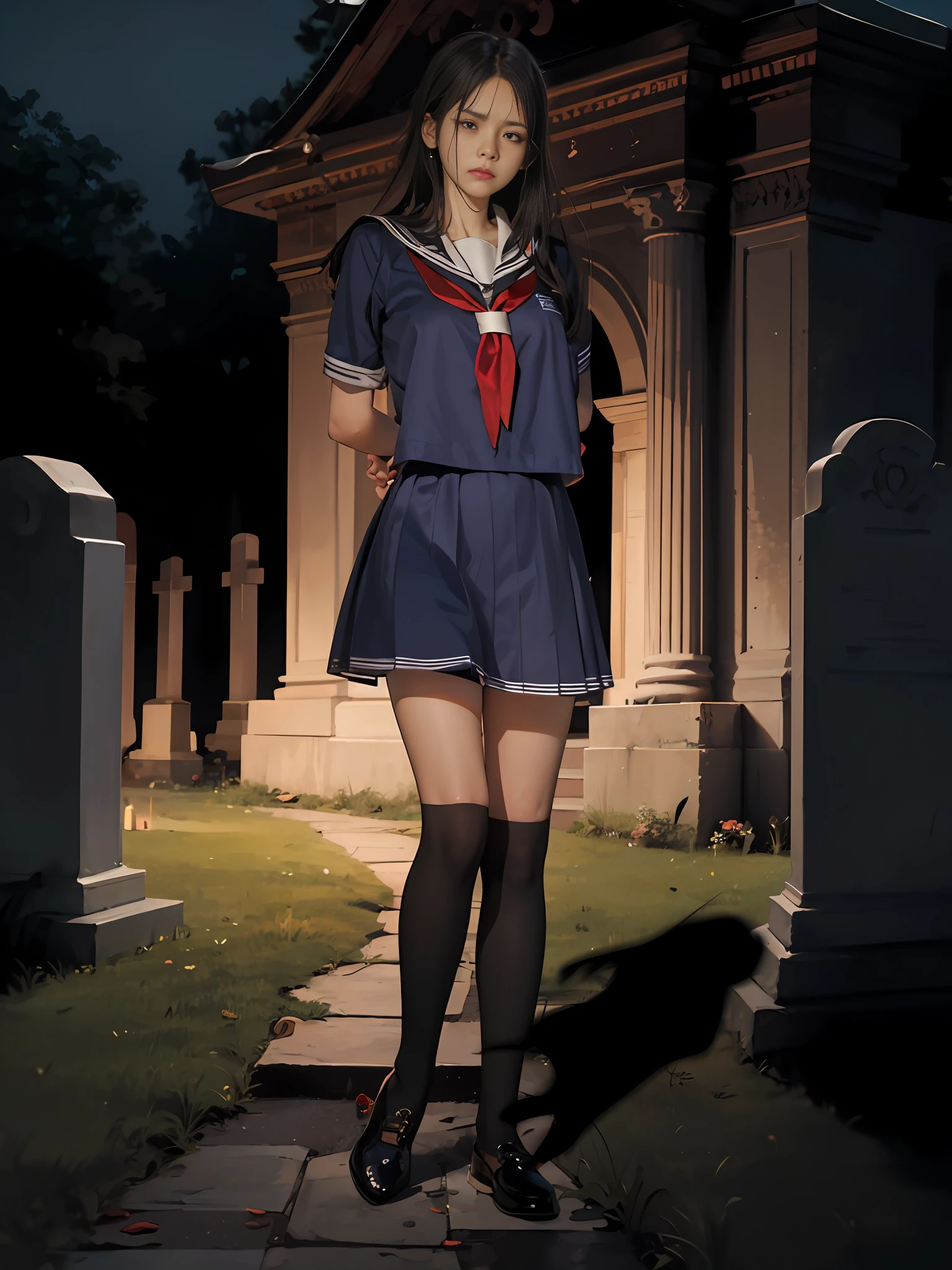 ((frightened face, face full of fear, high school girl in sailor uniform)), beautiful, masterpiece, top quality, hiqcgbody, anime, 1 girl, Samyan, portrait shot, ((frowns)), graveyard, exhausted and sweaty, intricate details, >