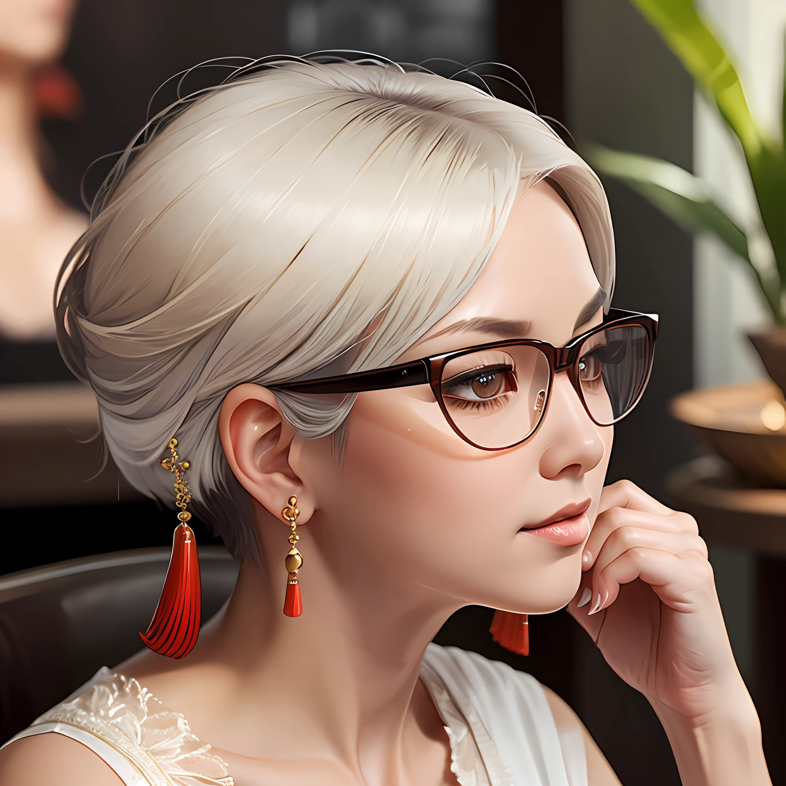 An oriental grandmother, The appearance of a wise man, Wear glasses, Gray hair, kanzashi, hime cut, earrings, closed mouth, ray tracing, close-up, bokeh, Classicism, Wide-Angle, UHD --auto