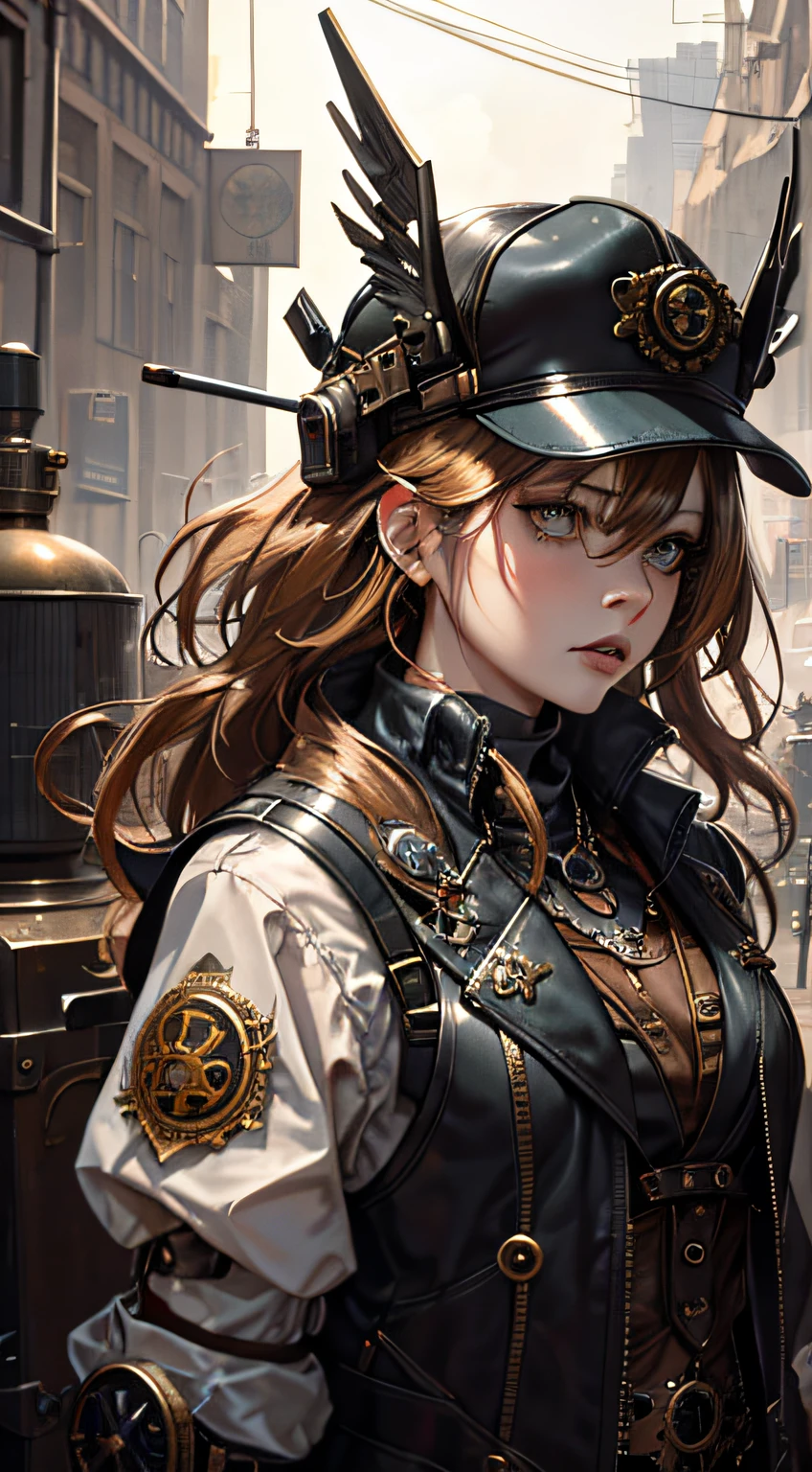 (mechanical rune woman, angry face, sexy body, very obvious carmelto, holding a rifle gun), (ridiculous, high definition, super detailed), 1woman, mature female, age, wavy long hair normal random hair color, fine eyes and detailed face, extremely detailed CG Unity 8k wallpaper, intricate details, (style steampunk: 0.8), (full steampunk clothes), portrait, half shot, detailed background, (steampunk theme: 1.1), floating lights, colorful leather vest with gears, technical clothing, jetpack, workshop in background, machine, gear, steam, industrial, technology, stove, dirt, anvil, button, lever, automata, electricity, electric spark epic atmosphere, portrait