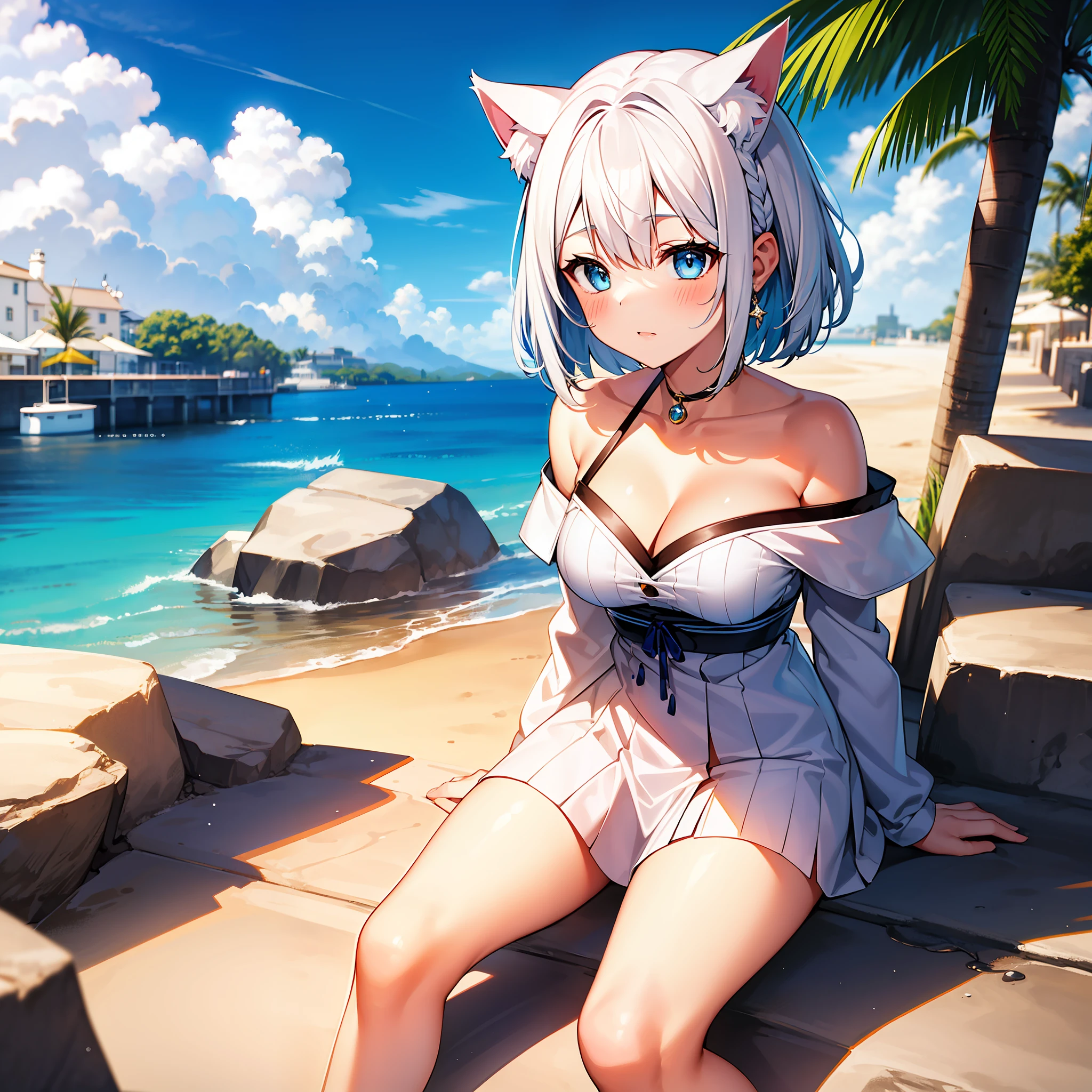 1 girl, short hair, light blue eyes, seaside, striped hair, white hair, pointed ears, UHD, masterpiece, high quality, best quality, cat ears