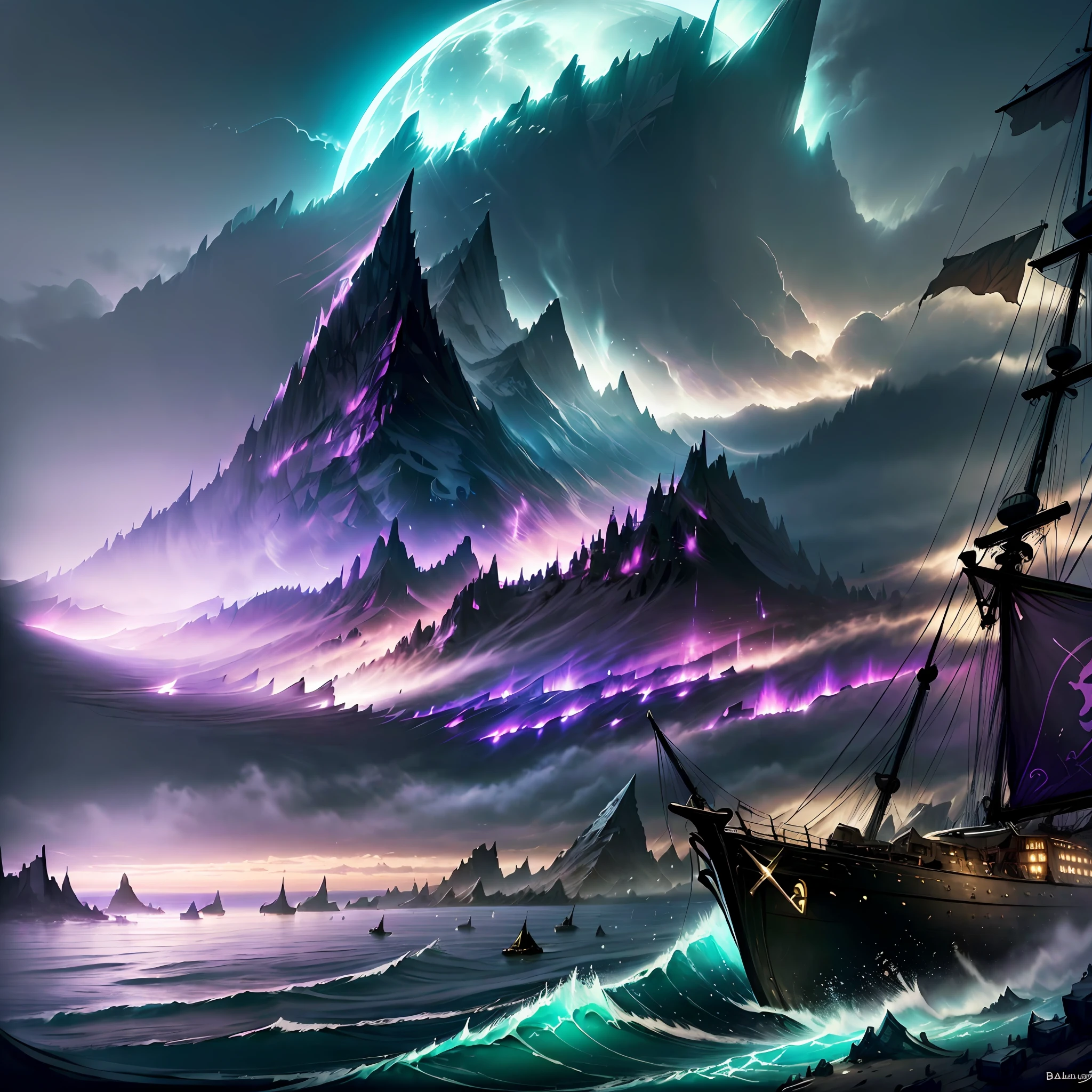 Computer Rendered Graphics, Realistic Fantasy, Extensive Landscape Ultrafiction Photography (general view showing a huge wooden sailing ship, with decks, 4 decks, stern, hold, + a lot of sails, + bow, + tank, + stern, + ut + decks, rocks, ocean, waves, storm, hurricane), full moon, night sky, blurred background, warm, yellow, purple background, pink, warm, magic, "Hyper-realistic textures," "Precise details," "Realistic still life, ” “Realistic portraits,” “Realistic landscapes.” Watercolor drawing, "Majestic mountains," "Hyper-realistic textures," Banksy, Liu Bolin, Ansel Adams, Yoshitaka Amano realistic fantasy, Extensive landscape ultra photography, blurred background, cool,