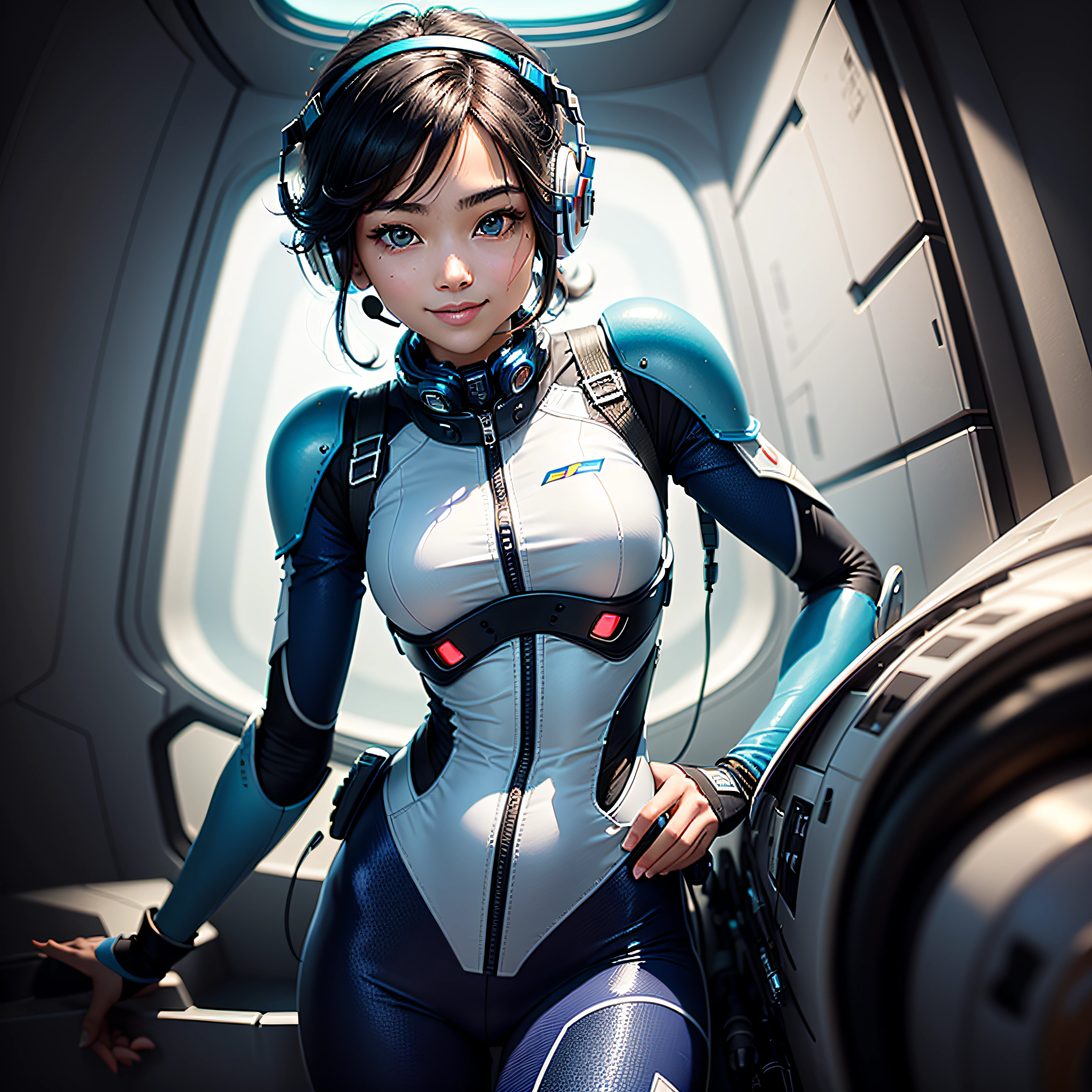(masterpiece, highest quality, highest resolution, distinct_image, detailed detail, portrait): (Solo, lone girl, face is Japan, short cut, girl with black hair, (perfect body: 1.4), sparkly blue color eyes, pilot suit in white and blue color, tight fit clothes, clothes covering the whole body, very delicate and beautiful, detailed skin, slim body, exoskeleton, Gentle smile, heroine, headset, boots, front, facing the viewer), inside the spaceship
