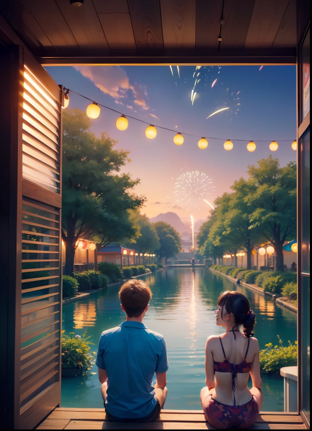 (Summer Festival: 1.3 + Festival: 1.2 + Forest Festival: 0.9), (((a boy and a beautiful girl in their twenties))), in love, romance, (Everyone Smiling), (Fireworks, Comedy, Food Food), Shaved Ice, (Swimsuit, Yukata), (Dreamland), (Beautiful Sky),(Gentle Wind),(More Greenery),(Less People: 0.8),(Direction: "+ Heart Stamp +":1.3+Music:1.1+Hanamaki:1.3)