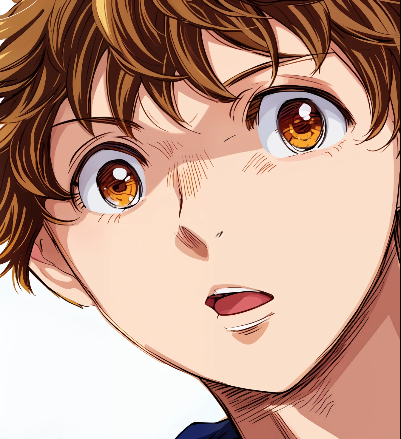 a anime of a man with a brown hair, close up, dreamy, brooding, open mouth, focus, color manga, manga color, color manga, color manga panel, simple background, a white background