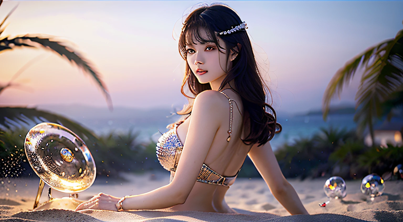 CG rendering of many beautiful pale pink large shells and pale colored conchs on the beach with rings of shimmering rosettes crystal clear as glass. Transparent colorsColorful stones, transparent, glittering, moonlight illuminates white beach, blue sea, pearls, super detail, slender women, women with long hair, light effects, fairyland romance: Thomas Kinkade, Krenz, CGSOCIETY trend, soft light, ultra wide angle, distant view, fairy tale, fantasy, 8K HD wallpaper: 1 photo, beautiful woman, depth of field HD 16k