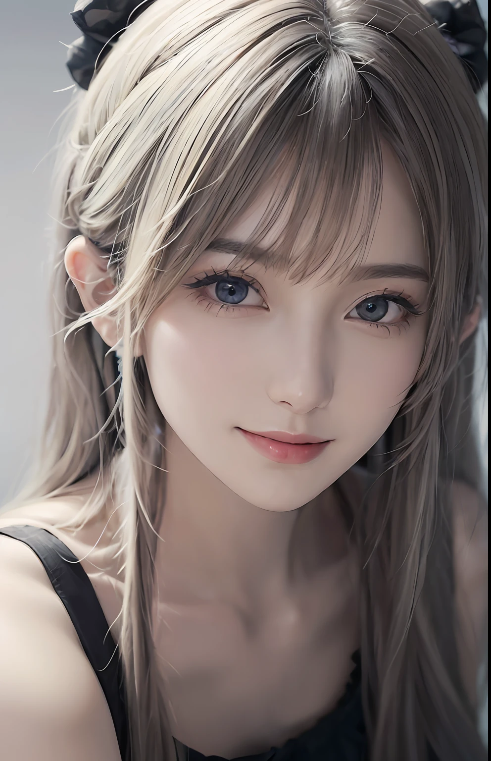 (Ultra Realistic), (Illustration), (High Resolution), (8K), (Very Detailed), (Best Illustration), (Beautiful and Detailed Eyes), (Best Quality), (Ultra Detailed), (Masterpiece), (Wallpaper), (Detailed Face), Solo, One Girl, Viewer, Fine Detail, Detailed Face, In the Dark, Deep Shadows, Low Key, pureerosfaceace_v1, Smile, Long Hair, 46-point oblique bangs, showing the whole body, legs, white hair, sitting