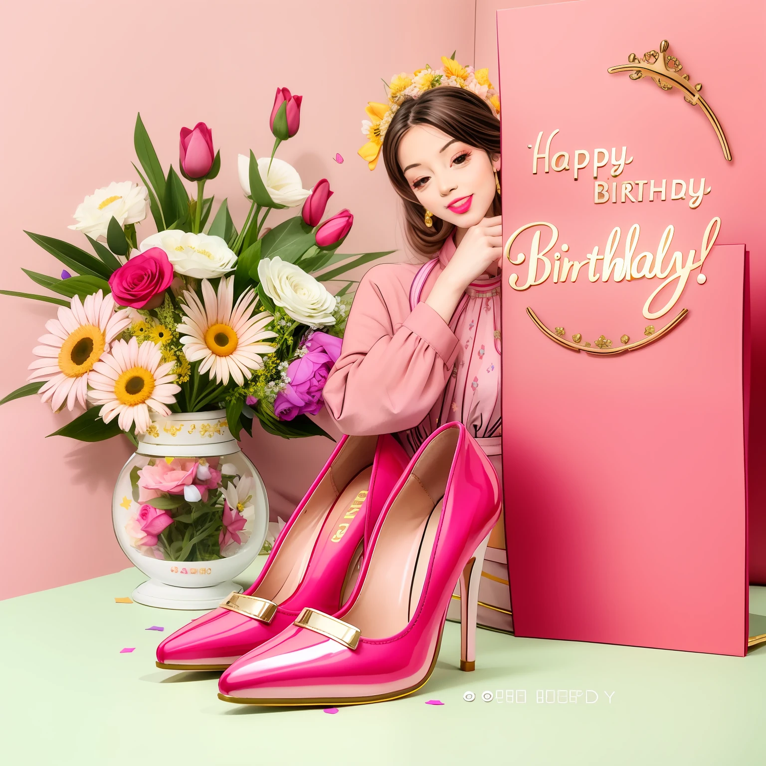 there is a pink shoe with flowers in a vase on the side, happy birthday, birthday card, pink shoes, birthday, cute woman, wonderful details, wonderous and magical, greeting card, her footwear is red high heels, bright mood, achingly beautiful, beautiful and elegant, celebrating a birthday, wonderful, delightful, very stylish, very extremely beautiful