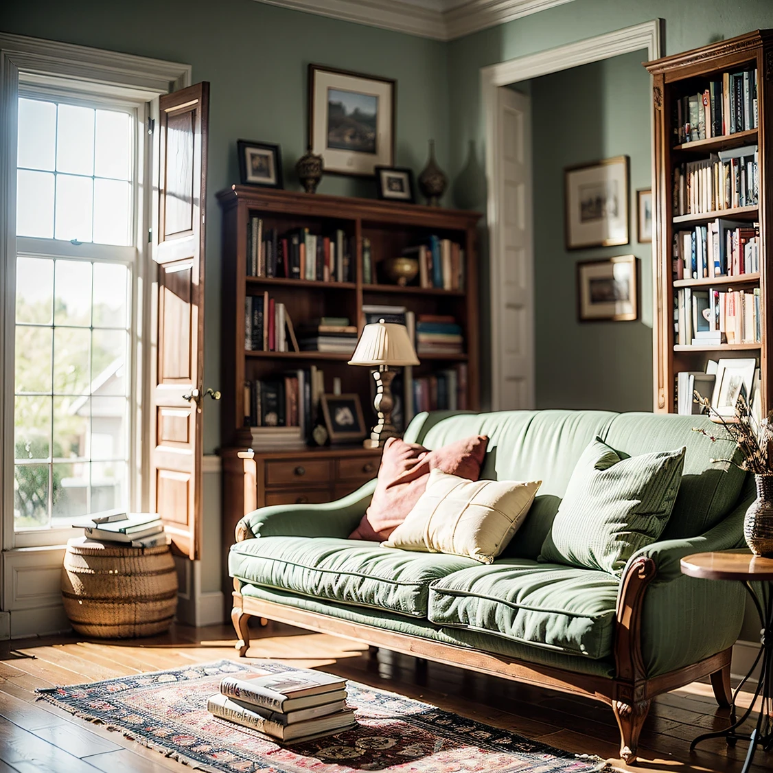 Opening the door to the living room is as if entering an elegant and pleasant farmhouse. Embroidered canvas sofa decorated with American rustic flowers and small animal motifs. By the window is a cozy row of wooden bookshelves with classic literary works. Sit in a comfortable rattan chair with a gentle breeze, close your eyes and enjoy, as if you are in an idyllic and away from the hustle and bustle of the city.
，masterpiece, best quality，8k, ultra highres，