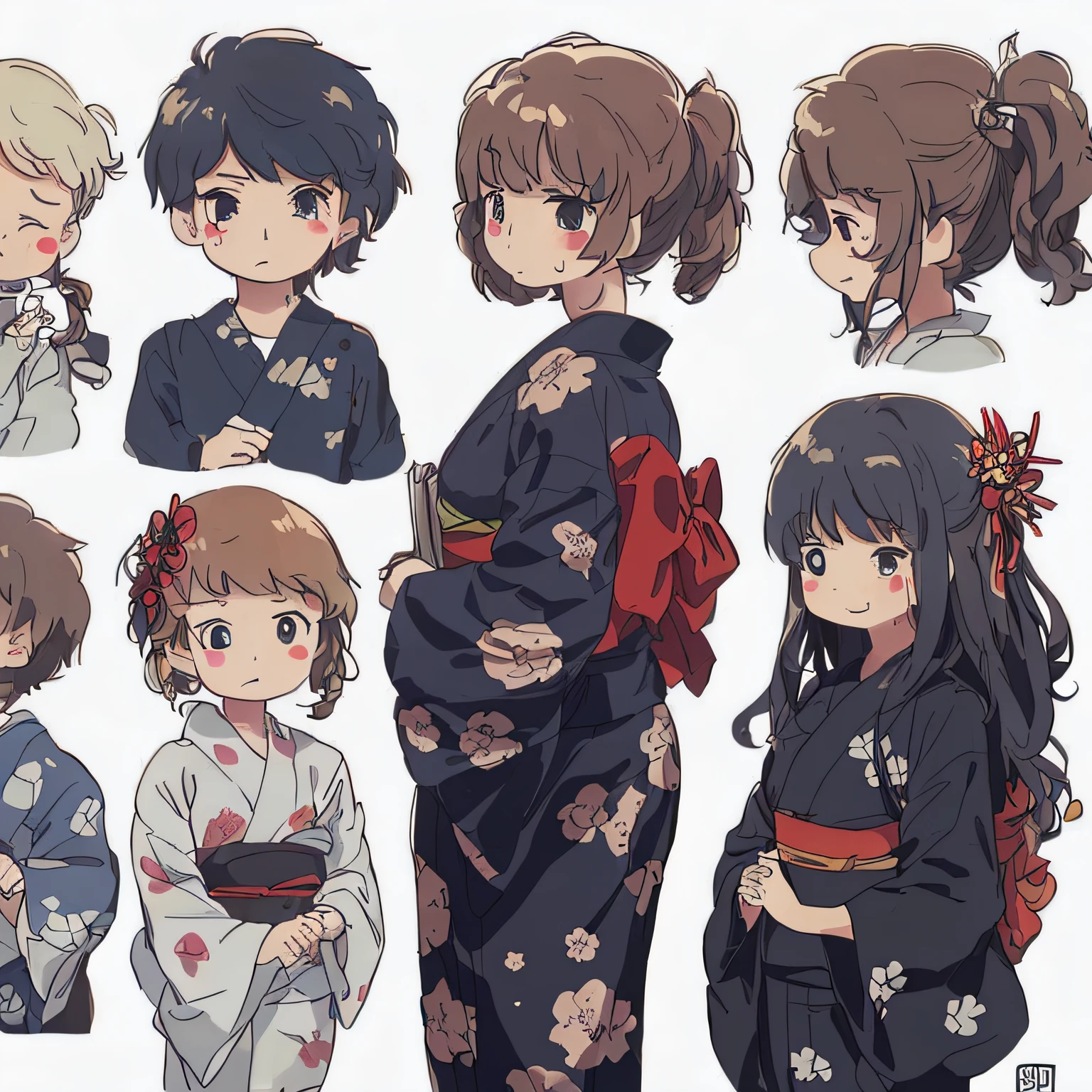 white background, character sheet, many angles, cute illustration, logo design, brown hair, boy and girl, summer, yukata, fireworks, light clothing, fan, wind, sweat, masterpiece, high quality