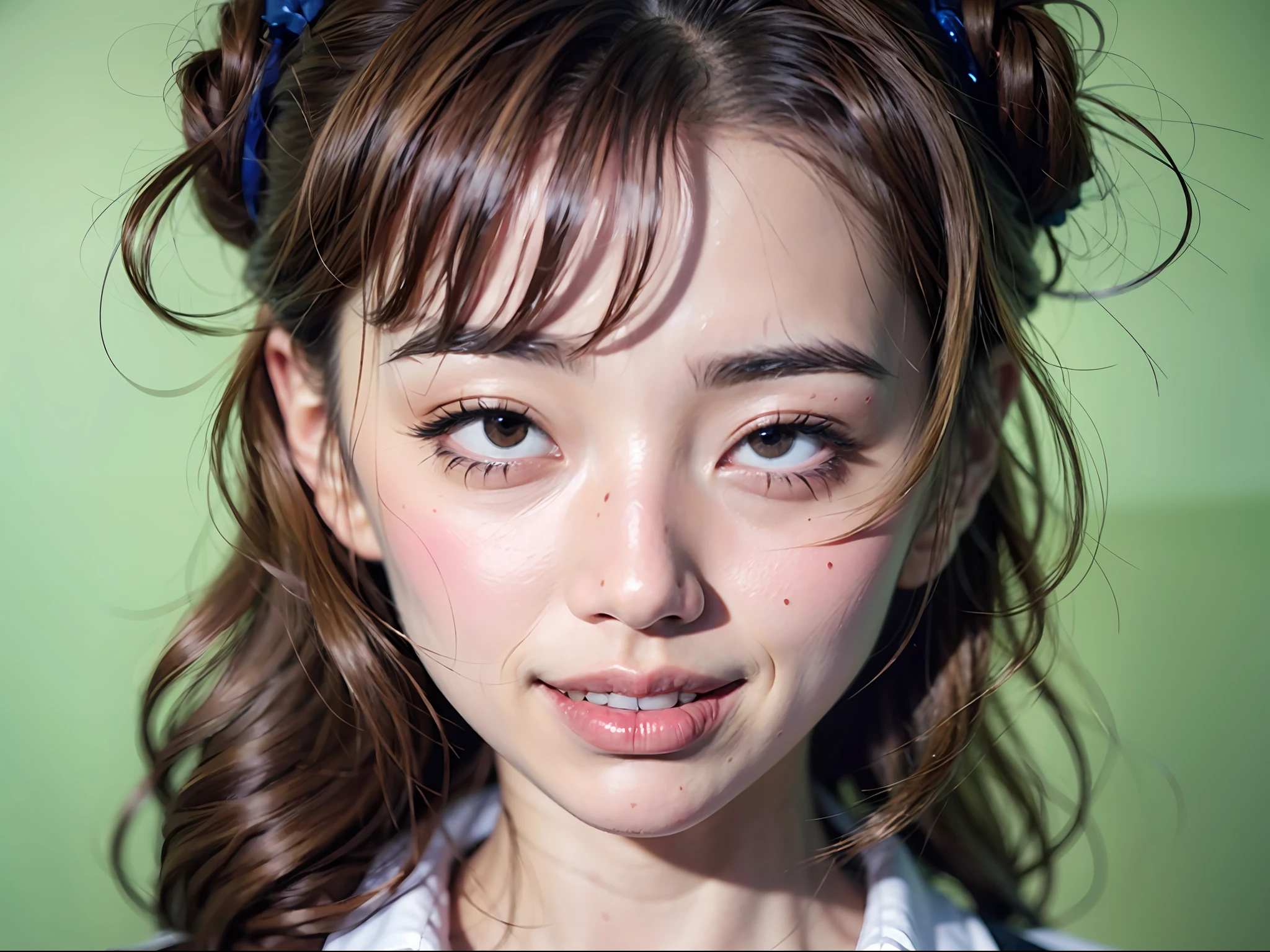 Ahegao, (face close-up: 1.4), one girl, smiling woman with black hair and white shirt holding a mobile phone, chubby-chan, Chiho, Yoshitomo Nara, Asian face, Shikamimi, very low quality, Narumi Kakinouchi, KANLIU666, (shy smile), very big smile, Chiho Ashima
