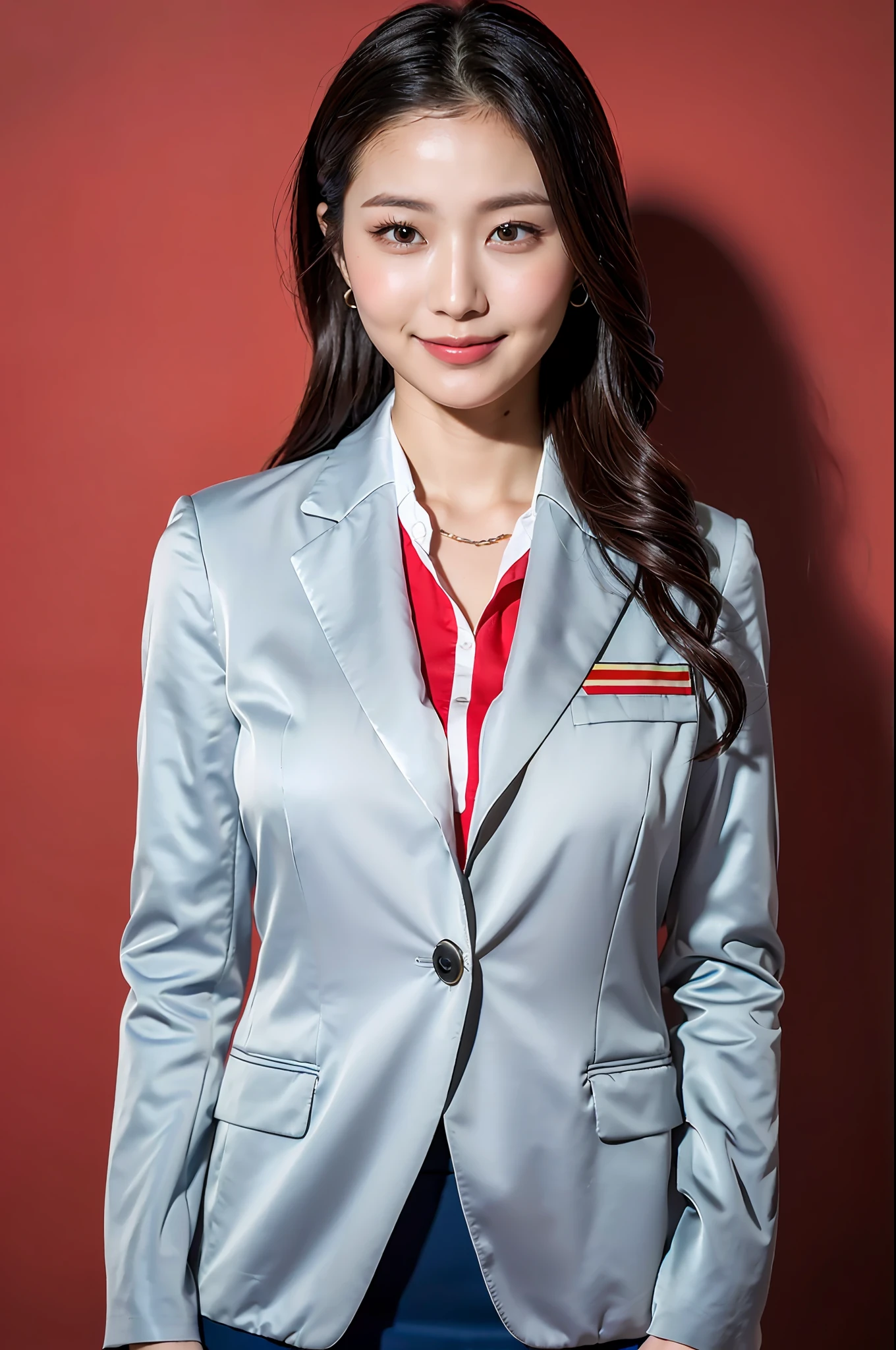 1 girl, (photorealistic, high resolution: 1.4), full body (8k, RAW photo, top quality, masterpiece: 1.2), (realistic, photorealistic): 1.37), ((white skin: 1.2), big, viewer's gaze, (middle hair: 1.5), airplane, airport, stewardess uniform, formal jacket, red scarf, (simple background: 1.4), solo, upper body, Realistic, (Masterpiece: 1.4), (Best Quality: 1.4), (Glossy Skin), Smile (Skinny, Mouth Closed, Shy: 1.3), Mini Skirt