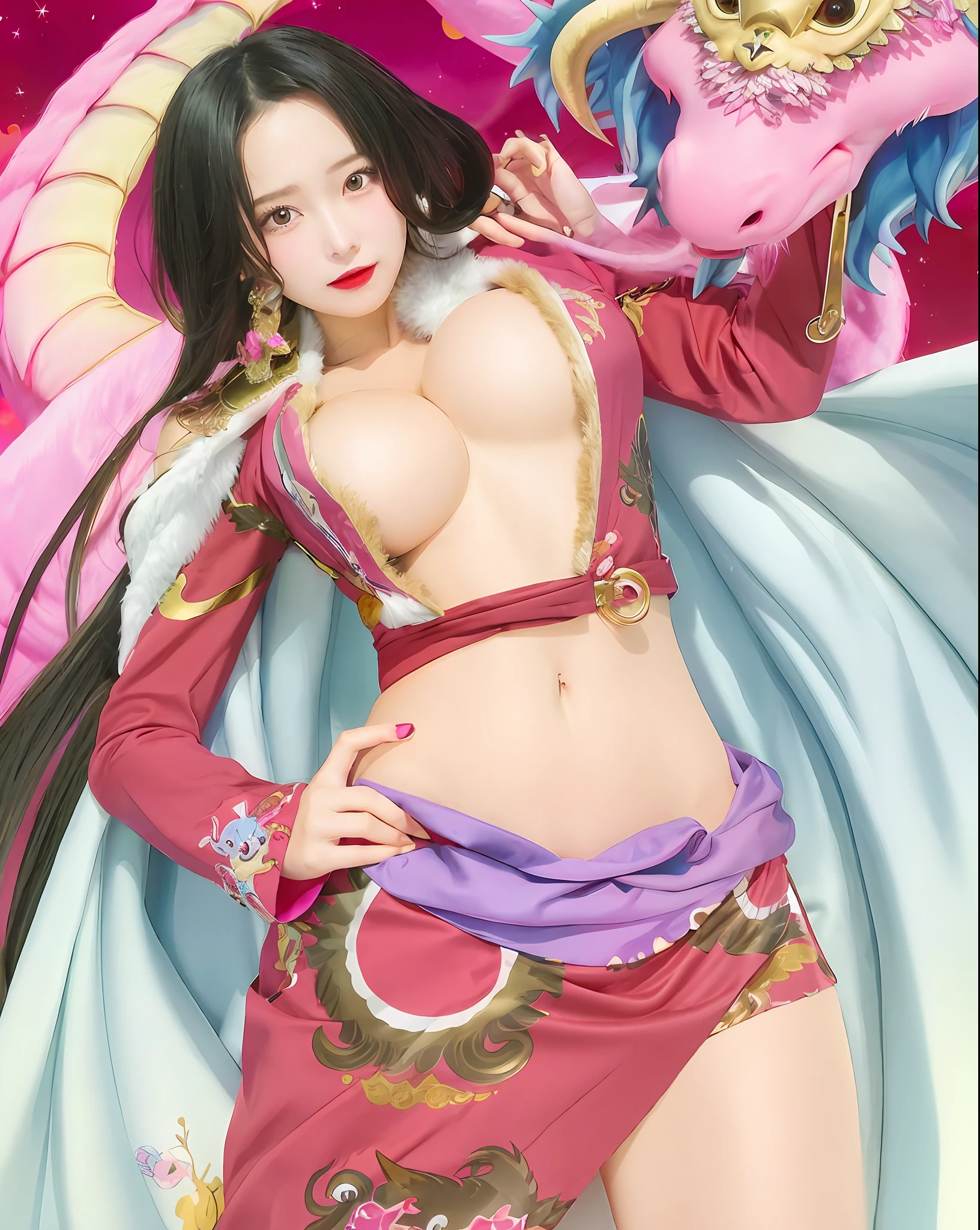 a cartoon image of a woman in a pink dress with a dragon on her shoulder, boa Hancock from one piece, large breast, black hair, sexy, Japanese girl, red lips, realistic, cosplayer