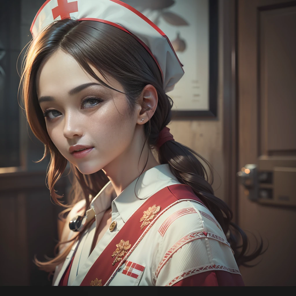 Masterpiece, Photography RAW, Japanese Doctor Wearing Stefan Costik Style Doctor Costume, Clear Focus, 8k HD, Exceptionally Detailed, Intricate, Elegant, Heart-shaped Pupil, Nurse's Cap, Brown Hair, Light Smile, Seductive Smile, Photo Realism, f/1.2, Sony FE GM, chiaroscuro, cinematic lighting, UHD, masterpiece, ccurate, textured skin, super detail, high detail, high quality, best quality, 16k