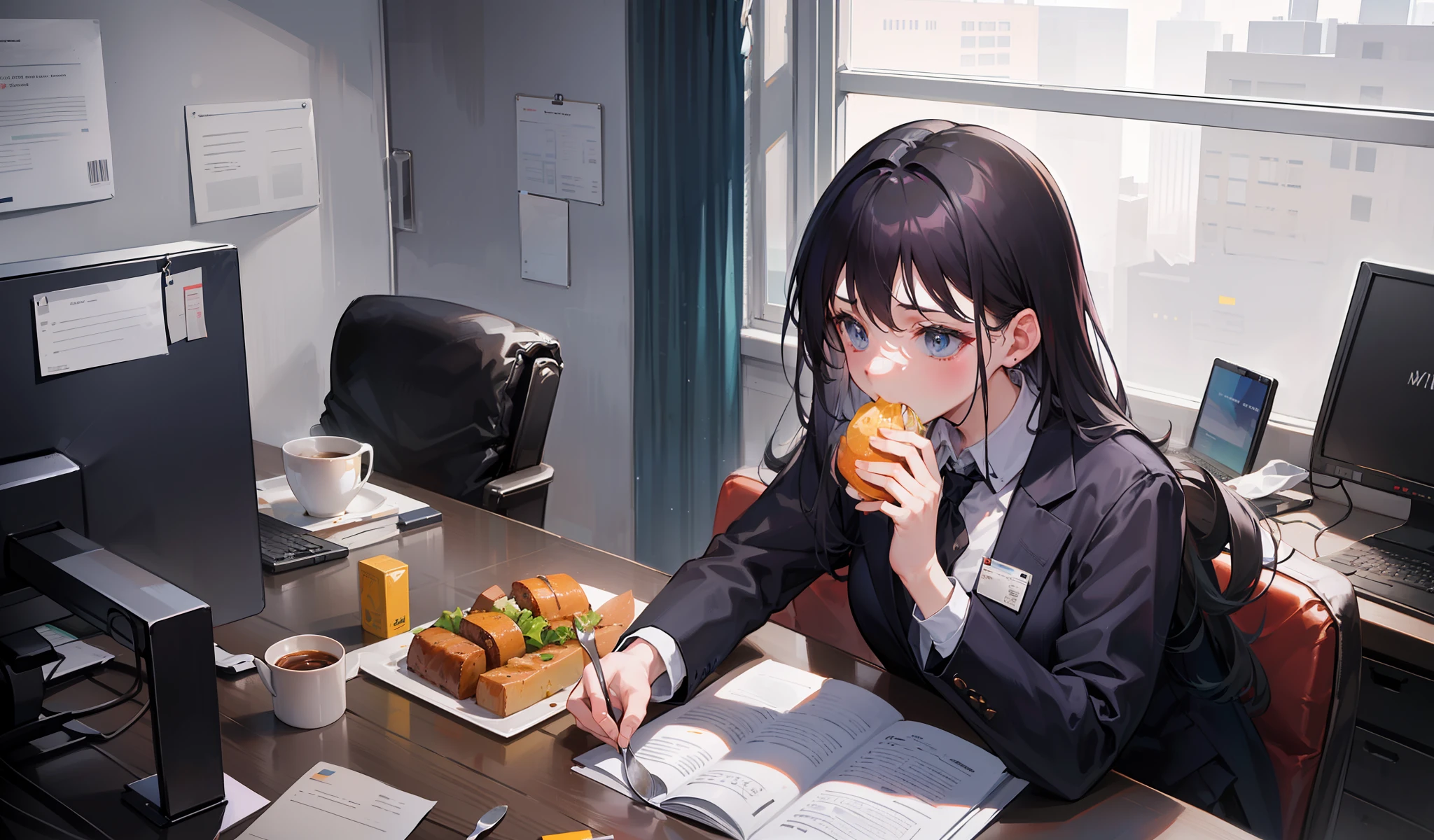 ((Office worker eating: 1.3)), ((In a corner of the office):1.2), (Eating quickly: 1.2), (Table ready for meal: 1.1), (Remaining in suit and not relaxing:1.1), (Food splattering due to fast eating: 1.2), (Appetite with a tired expression:1.1), (Coffee cup in hand:1.1), ( Busy office background:1.1), (Lunch boxes and lunch boxes:1.0), (Time management while eating:1.2), (Desk is full of work:1.1), (Noisy voices spoken by nearby colleagues:1.1), Detailed depiction in realistic style, Dark tones and busy scenes, A high-quality image that expresses the busyness and time constraints of office workers during meals.
Ready