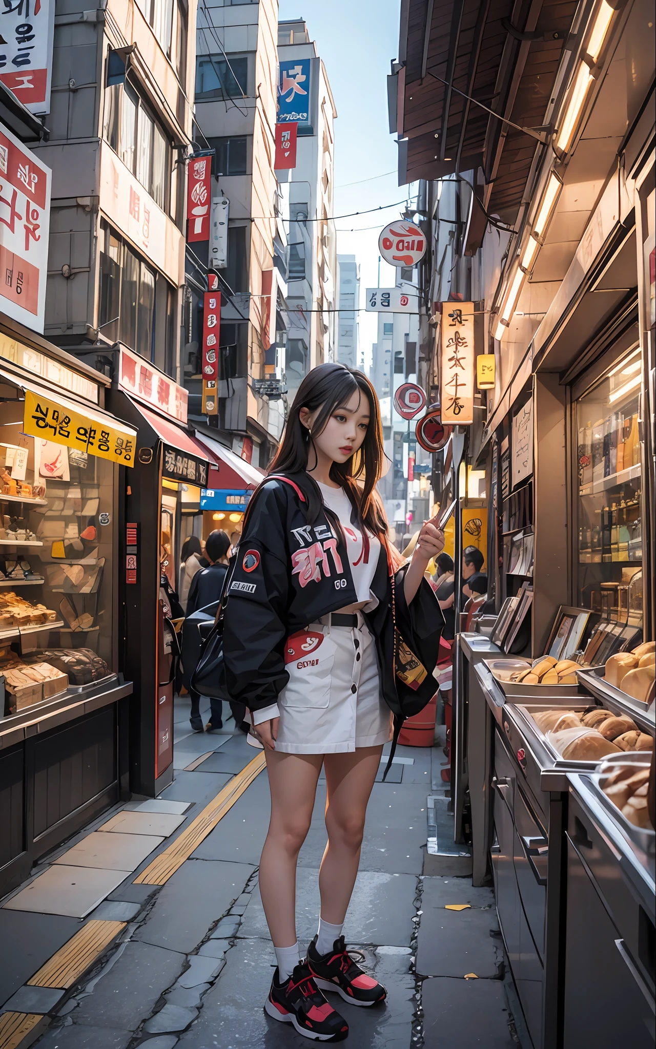 8k, Best Quality, (Beauty), High Definition, Realistic, Real Person, Woman Standing In Front Of Stall On Busy Street, Photo Inspired by Yu Mei, Unsplash Contest Winner, Realism, Korean Girl, Ulzo, Beautiful Korean Woman, Chinese Girl, Popular Korean Makeup, Korean Women's Fashion Model, Popular Korean Makeup, Beautiful Young Korean Women, Japan street fashion, korean women, Japan streetwear