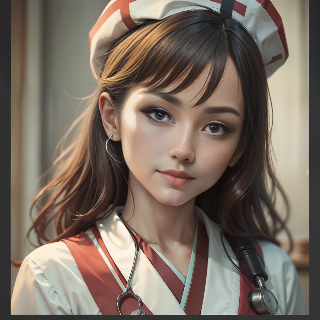 Masterpiece, Photography RAW, Japanese Doctor Wearing Stefan Costik Style Doctor Costume, Clear Focus, 8k HD, Exceptionally Detailed, Intricate, Elegant, Heart-shaped Pupil, Nurse's Cap, Brown Hair, Light Smile, Seductive Smile, Photo Realism, f/1.2, Sony FE GM, chiaroscuro, cinematic lighting, UHD, masterpiece, ccurate, textured skin, super detail, high detail, high quality, best quality, 16k