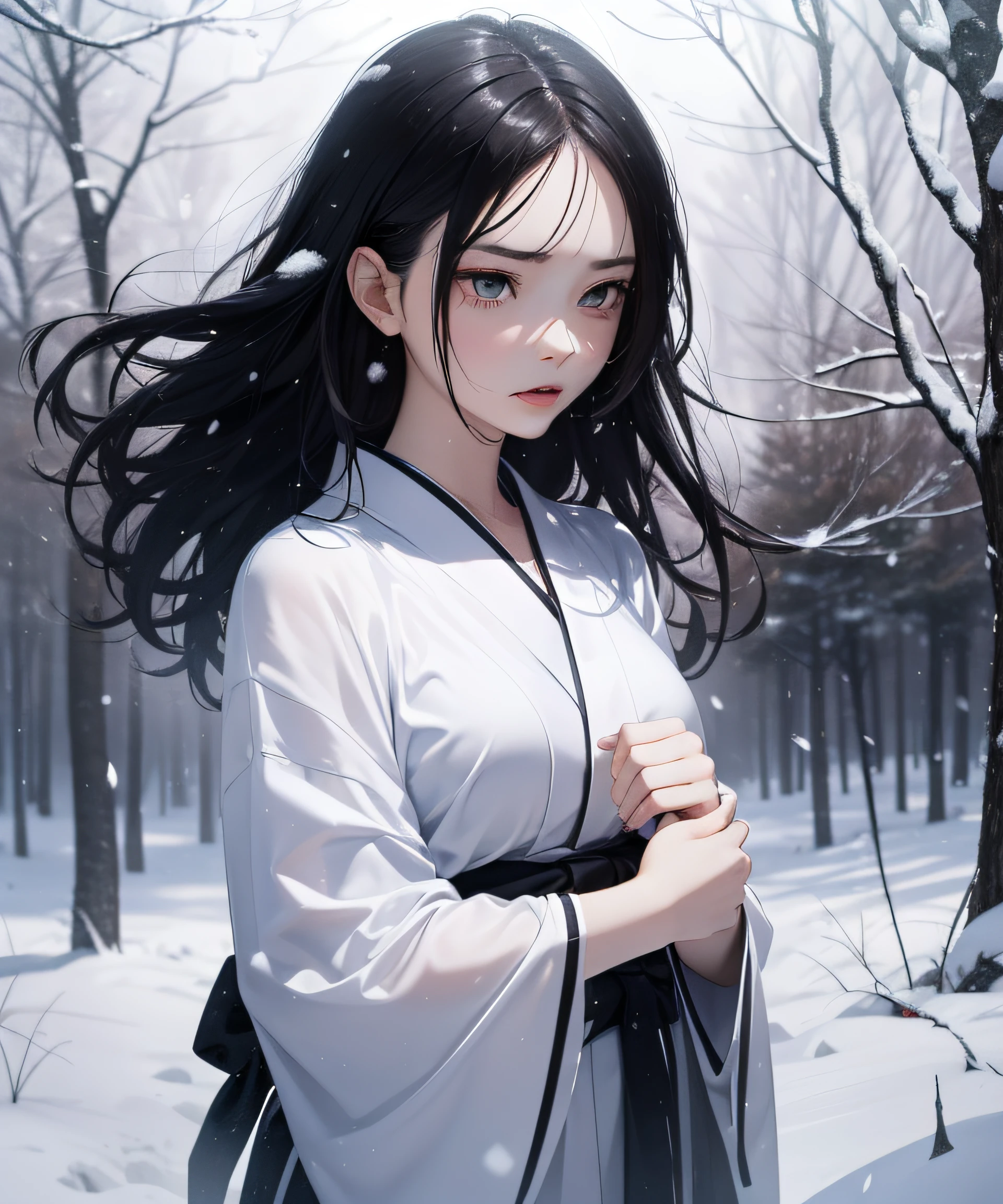 Top Quality, Realistic, Jet Black Background, High Resolution, Soft Focus, (Snowfall: 1.5), (Haze: 1.5), (In the Deep Forest), (Snowfalling), ((Snow Light)), (Snow Storm)), (Snow Storm)))), (Ghost of a beautiful snow woman with jet-black long black hair in a white and silver yukata), Anger, Fury, Melancholy, Shaking black hair, Hair luster, Glowing skin, Beautiful and beautiful, Bewitching, Chaos, Depth of Field, (Ghost: 1.5), ((Lose yourself in anger and forget the cold)), ((Arms spread forward)), (Monochrome: 1.5), (B&W: 1.5), (Platinum eyes glaring), (Gradually transparent from the band to the tongue: 1.5))), Full Body