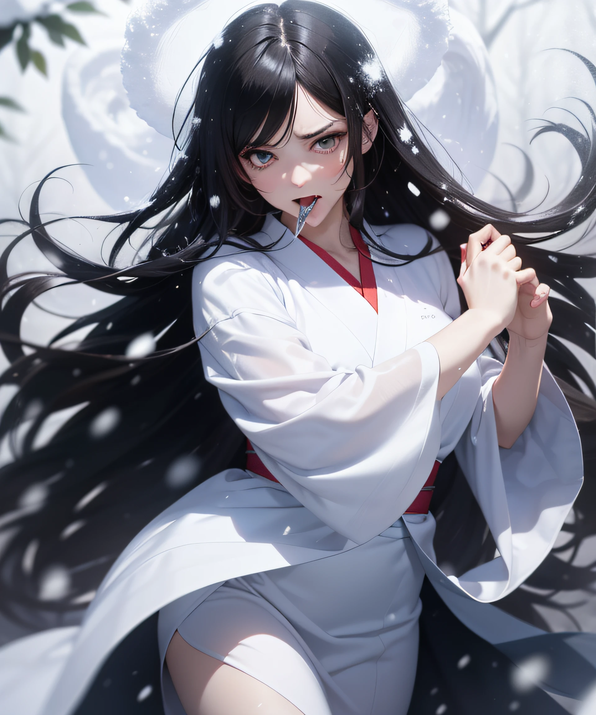 Top Quality, Realistic, Jet Black Background, High Resolution, Soft Focus, (Snowfall: 1.5), (Haze: 1.5), (In the Deep Forest), (Snowfalling), ((Snow Light)), (Snow Storm)), (Snow Storm)))), (Ghost of a beautiful snow woman with jet-black long black hair in a white and silver yukata), Anger, Fury, Melancholy, Shaking black hair, Hair luster, Glowing skin, Beautiful and beautiful, Bewitching, Chaos, Depth of Field, (Ghost: 1.5), ((Lose yourself in anger and forget the cold)), ((Arms spread forward)), (Monochrome: 1.5), (B&W: 1.5), (Platinum eyes glaring), (Gradually transparent from the band to the tongue: 1.5))), Full Body