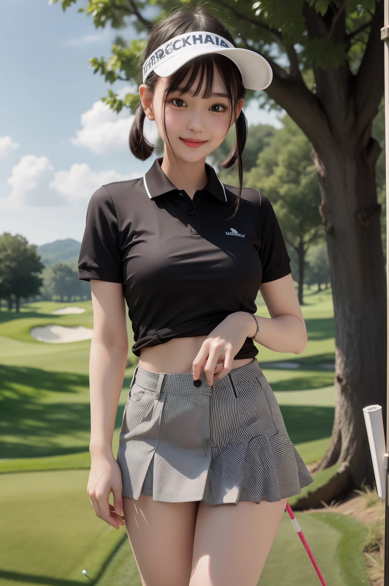 Top quality, masterpiece, cinematic lighting, girl, black hair, dark eyes, small breasts, golf course, polo shirt, sun visor, mini skirt, smile