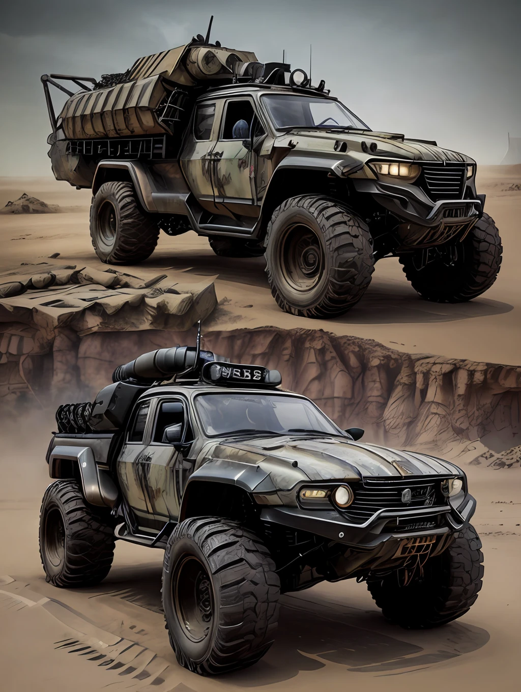 DISEL PUNK, araf cargo truck on the back (WEAPONS, CANNONS, DESTRUCTIVE, MISSILES, SUBMACHINE GUNS), concept art by Aleksander Kobzdej, deviantart, self-destructive art, EXTREMELY full of alien military equipment, military transport platform with apocalyptic weapons and missiles, in Mad Max style, polished and intricate state-of-the-art military vehicles, heavily armored, mechanized transport full of mechanics,  Futuristic vehicle, concept vehicle with incredible apocalyptic adaptations, vehicles, fully armored, redneck, perfect combination of war vehicles, technology and science, ((((Extremely detailed, finely tuned and defined, finely detailed, extremely intricate,