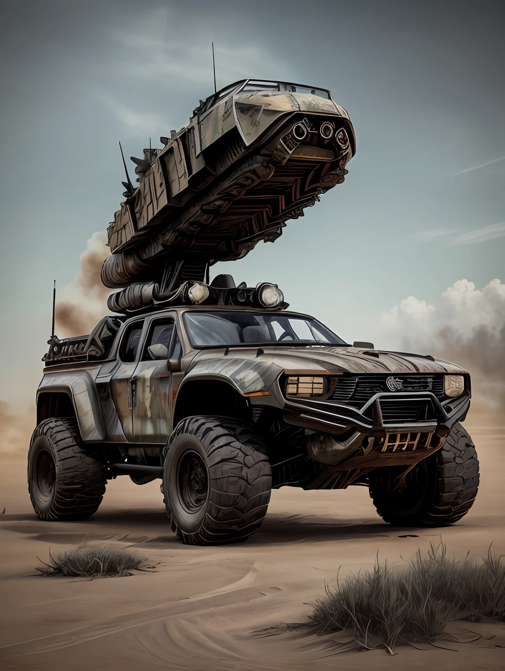 DISEL PUNK, araf cargo truck on the back (WEAPONS, CANNONS, DESTRUCTIVE, MISSILES, SUBMACHINE GUNS), concept art by Aleksander Kobzdej, deviantart, self-destructive art, EXTREMELY full of alien military equipment, military transport platform with apocalyptic weapons and missiles, in Mad Max style, polished and intricate state-of-the-art military vehicles, heavily armored, mechanized transport full of mechanics,  Futuristic vehicle, concept vehicle with incredible apocalyptic adaptations, vehicles, fully armored, redneck, perfect combination of war vehicles, technology and science, ((((Extremely detailed, finely tuned and defined, finely detailed, extremely intricate,