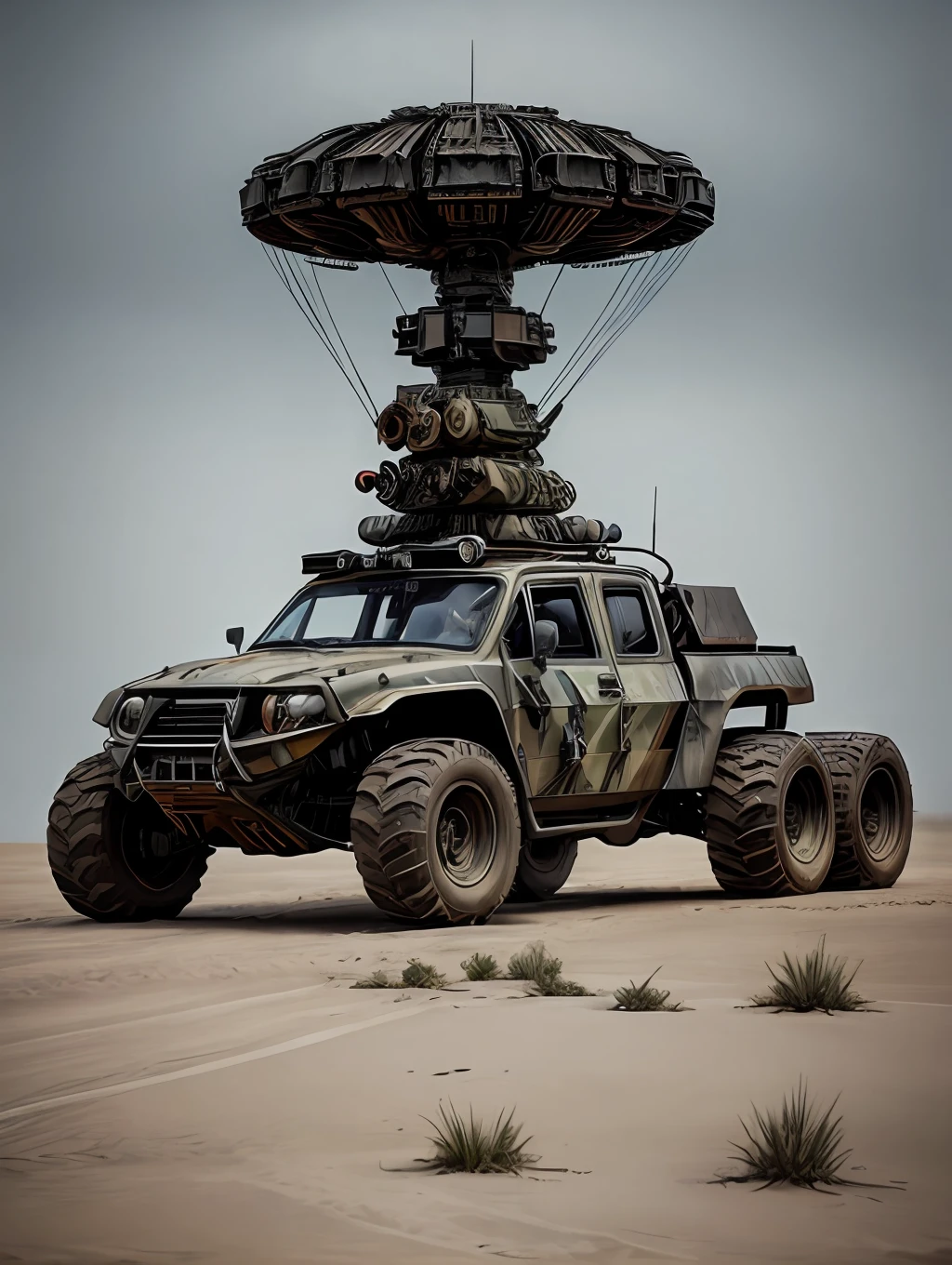 DISEL PUNK, araf cargo truck on the back (WEAPONS, CANNONS, DESTRUCTIVE, MISSILES, SUBMACHINE GUNS), concept art by Aleksander Kobzdej, deviantart, self-destructive art, EXTREMELY full of alien military equipment, military transport platform with apocalyptic weapons and missiles, in Mad Max style, polished and intricate state-of-the-art military vehicles, heavily armored, mechanized transport full of mechanics,  Futuristic vehicle, concept vehicle with incredible apocalyptic adaptations, vehicles, fully armored, redneck, perfect combination of war vehicles, technology and science, ((((Extremely detailed, finely tuned and defined, finely detailed, extremely intricate,