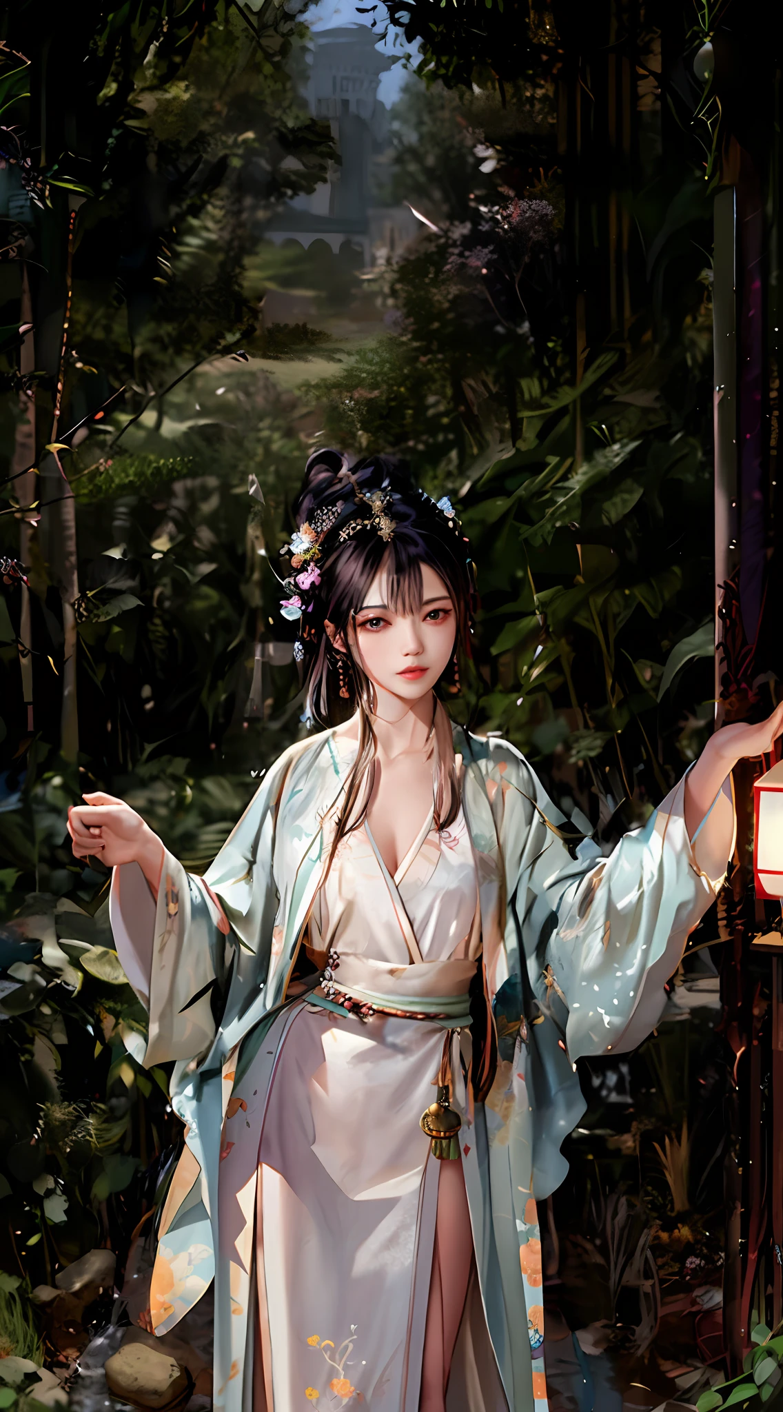 woman in a kimono dress standing in a forest with a lantern, hanfu, palace ， a girl in hanfu, white hanfu, 中 元 节, by Yang J, full body xianxia, guweiz, flowing hair and long robes, traditional beauty, flowing magical robe, kimono, chinese costume, trending on cgstation, sword in two hand