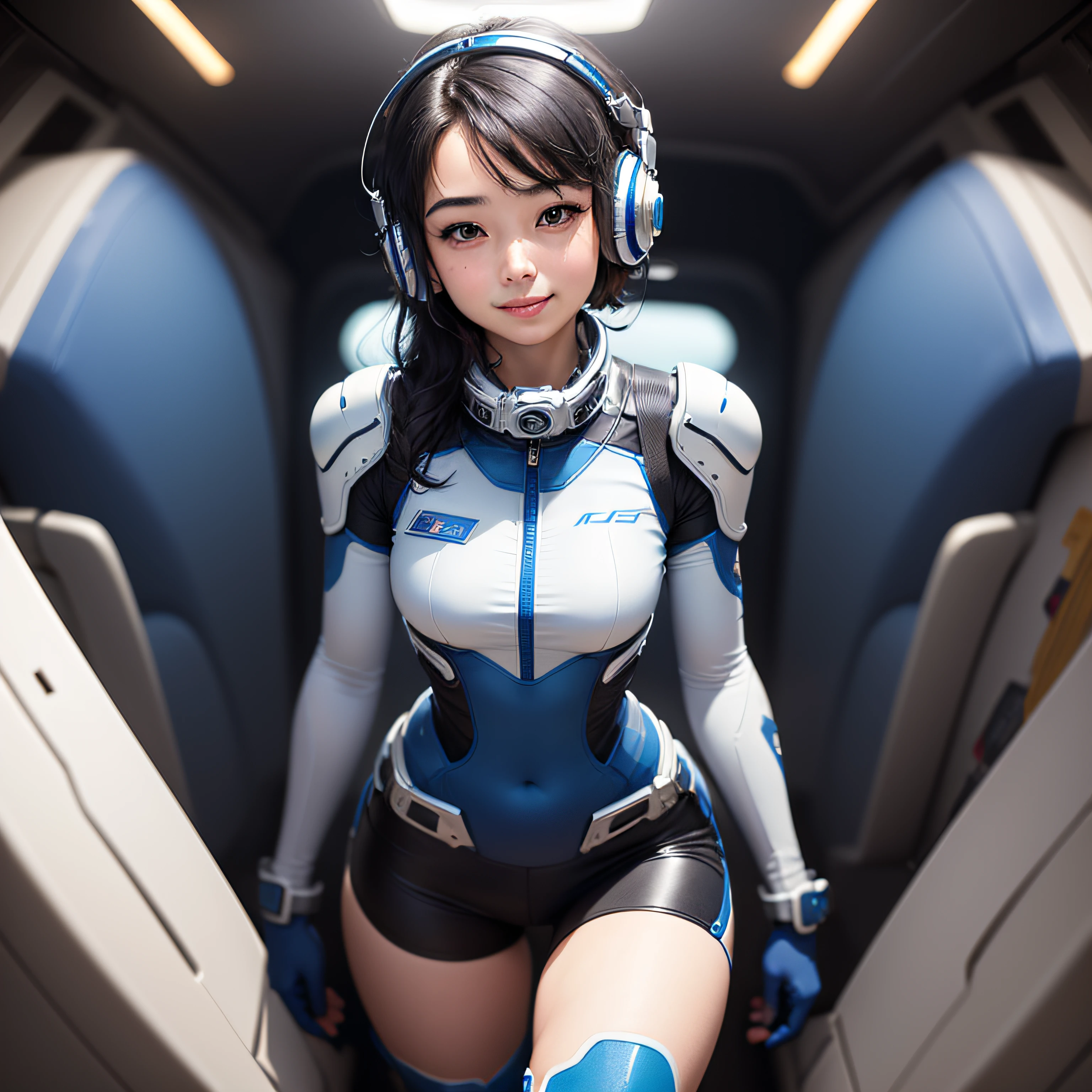 (masterpiece, highest quality, highest resolution, distinct_image, detailed details): (Solo, Girl Alone, Face is Japan Person, Short Cut, Girl with Black Hair, (Perfect Body: 1.4), Sparkly blue color eyes, Pilot suit in white and blue color, Tight fit clothes, Clothes covering the whole body, Very delicate and beautiful, detailed skin, Slim body, Exoskeleton, gentle smile, heroine, headset, boots, front, facing the viewer), inside the spaceship