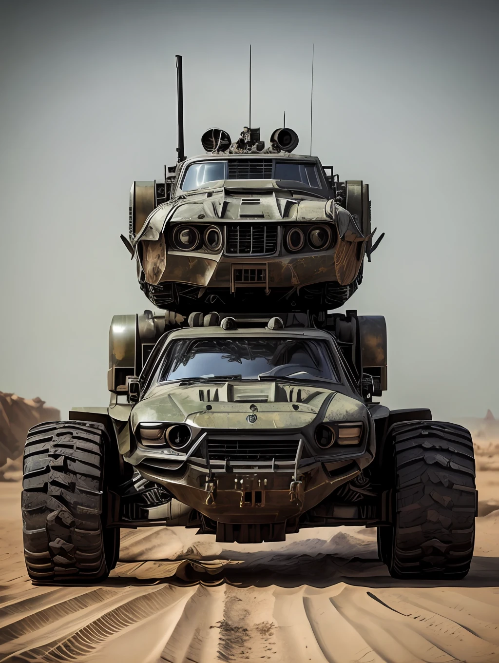 DISEL PUNK, araf cargo truck on the back (WEAPONS, CANNONS, DESTRUCTIVE, MISSILES, SUBMACHINE GUNS), concept art by Aleksander Kobzdej, deviantart, self-destructive art, EXTREMELY full of alien military equipment, military transport platform with apocalyptic weapons and missiles, in Mad Max style, polished and intricate state-of-the-art military vehicles, heavily armored, mechanized transport full of mechanics, Futuristic vehicle, concept vehicle with incredible apocalyptic adaptations, vehicles, fully armored, redneck, perfect combination of war vehicles, technology and science, ((((Extremely detailed, finely tuned and defined, finely detailed, extremely intricate,