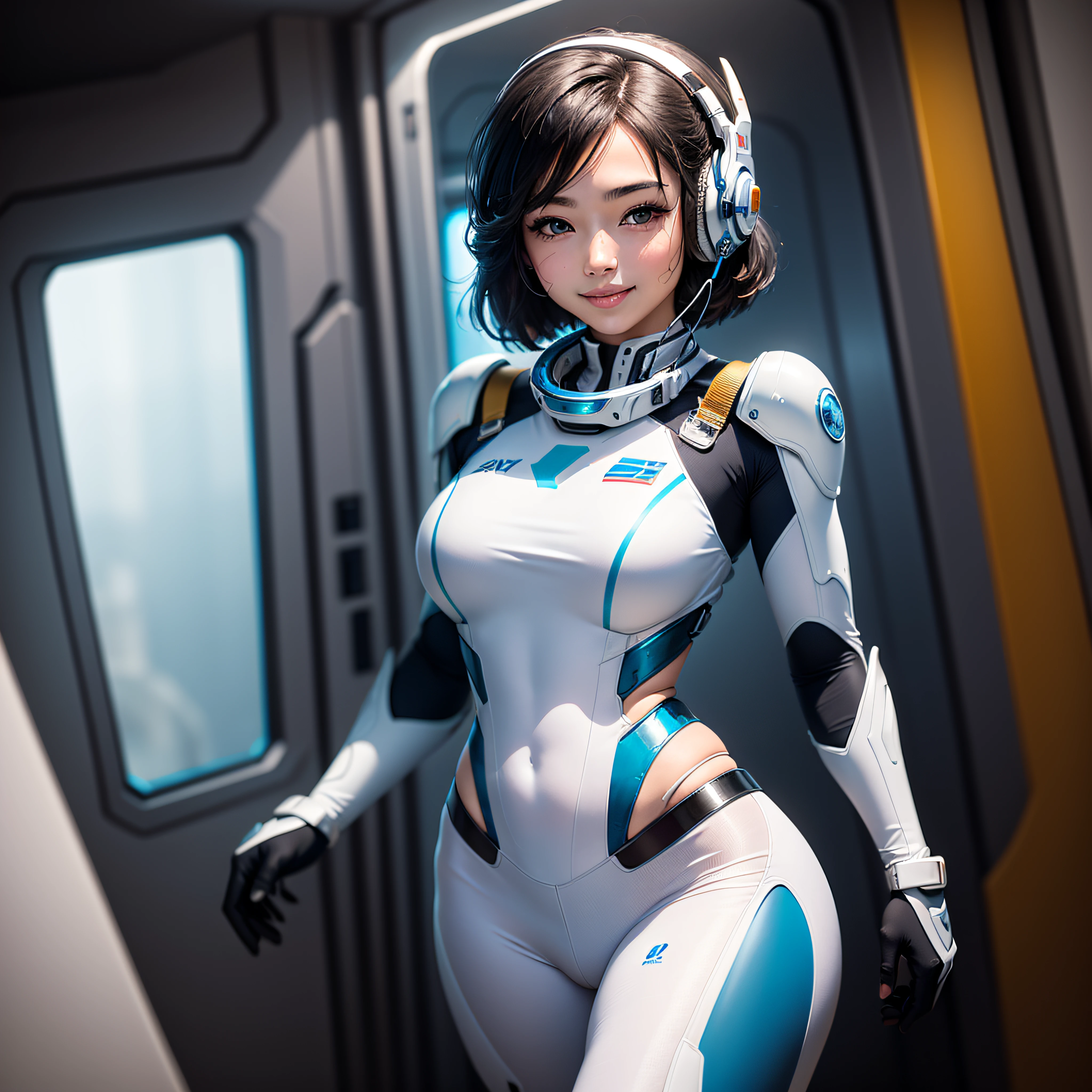 (masterpiece, highest quality, highest resolution, distinct_image, detailed details): (Solo, Solo Girl, Face is Japan Person, Short Cut, Girl with Black Hair, Upper Body, (Perfect Body: 1.4), Glittering Blue Color Eyes, White and Blue Color Pilot Suit, Tight Fit Clothes, Clothes Covering the Full Body, Very Delicate and Beautiful, Detailed Skins, Slim Body, Exoskeleton, Gentle smile, heroine, headset, boots), on board of the spaceship