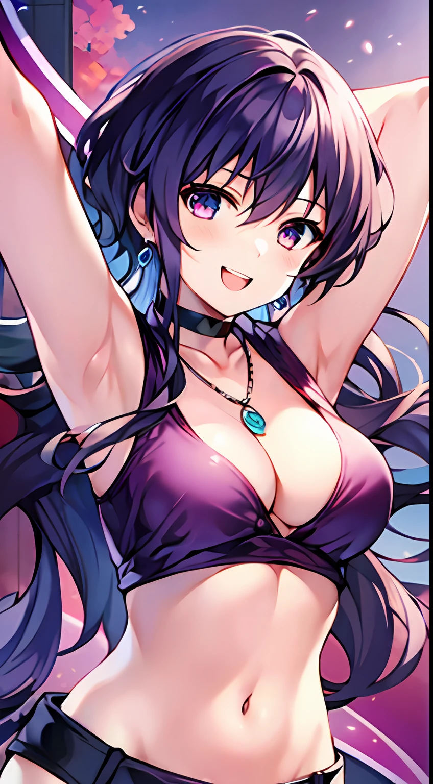 masterpiece, highres, best quality, 1girl, solo, smile, open_mouth, navel, breasts, looking_at_viewer, long_hair, cleavage, choker, midriff, jewelry, crop_top, necklace, interlocked_fingers, medium_breasts, outstretched_arms