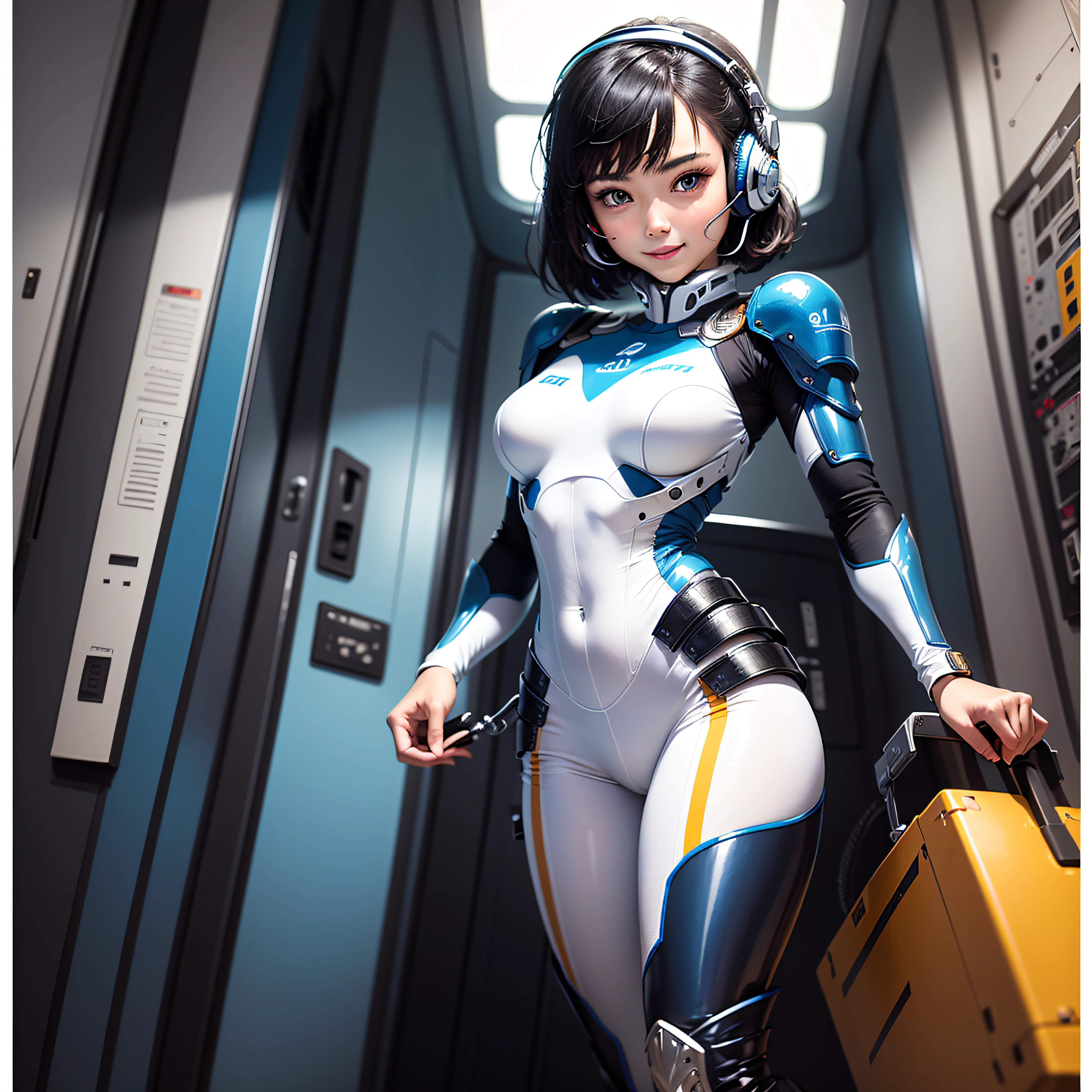 (masterpiece, highest quality, highest resolution, distinct_image, detailed details): (Solo, Solo Girl, Face is Japan Person, Short Cut, Girl with Black Hair, Upper Body, (Perfect Body: 1.4), Glittering Blue Color Eyes, White and Blue Color Pilot Suit, Tight Fit Clothes, Clothes Covering the Full Body, Very Delicate and Beautiful, Detailed Skins, Slim Body, Exoskeleton, Gentle smile, heroine, headset, boots), on board of the spaceship