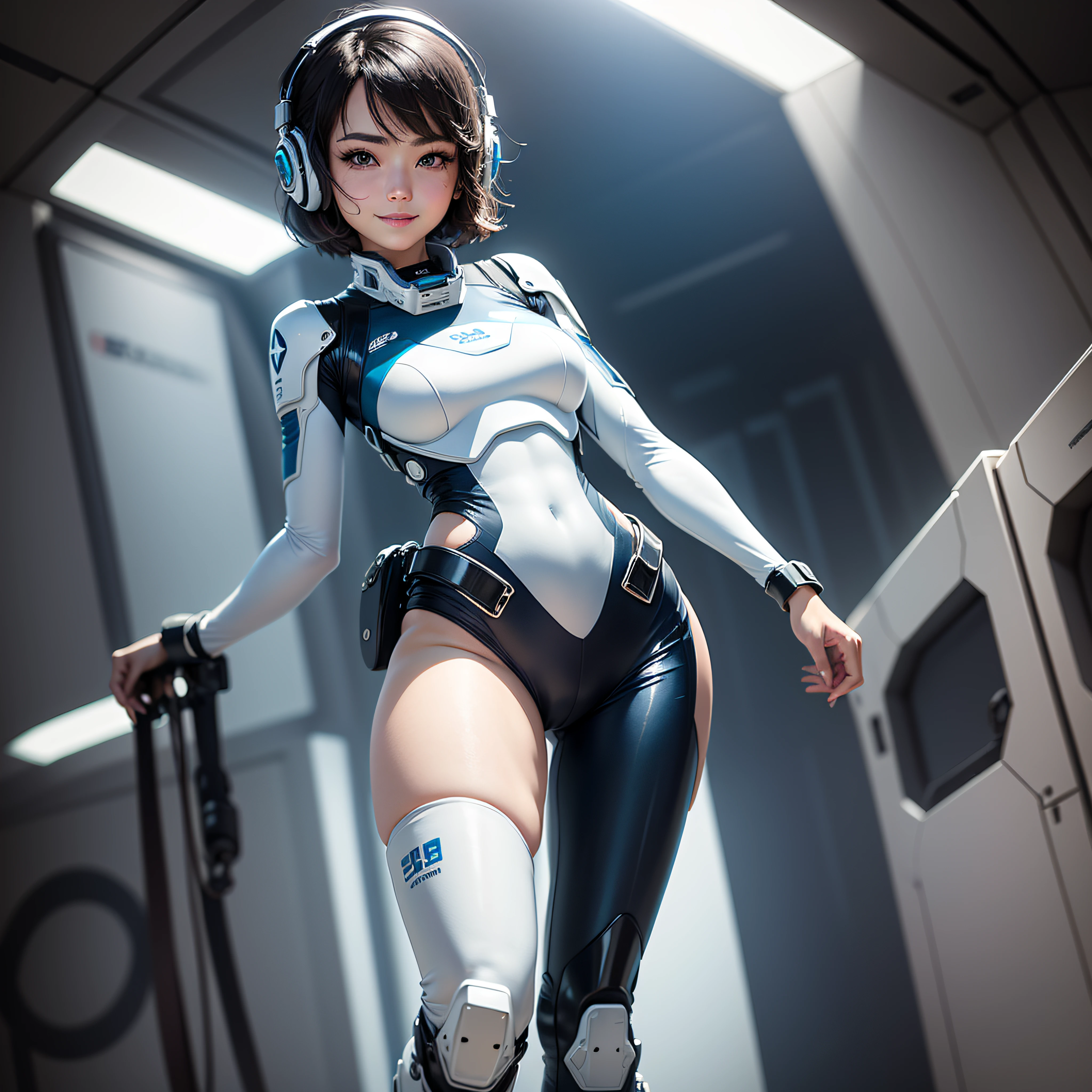 (masterpiece, highest quality, highest resolution, distinct_image, detailed details): (Solo, Solo Girl, Face is Japan Person, Short Cut, Girl with Black Hair, Upper Body, (Perfect Body: 1.4), Glittering Blue Color Eyes, White and Blue Color Pilot Suit, Tight Fit Clothes, Clothes Covering the Full Body, Very Delicate and Beautiful, Detailed Skins, Slim Body, Exoskeleton, Gentle smile, heroine, headset, boots), on board of the spaceship