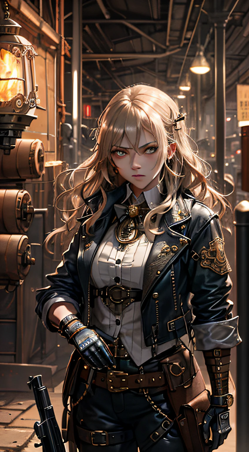 (mechanical rune woman, angry face, sexy body, very obvious carmelto, holding a rifle gun), (ridiculous, high definition, super detailed), 1woman, mature female, age, wavy long hair normal random hair color, fine eyes and detailed face, extremely detailed CG Unity 8k wallpaper, intricate details, (style steampunk: 0.8), (full steampunk clothes), portrait, half shot, detailed background, (steampunk theme: 1.1), floating lights, colorful leather vest with gears, technical clothing, jetpack, workshop in background, machine, gear, steam, industrial, technology, stove, dirt, anvil, button, lever, automata, electricity, electric spark epic atmosphere, portrait
