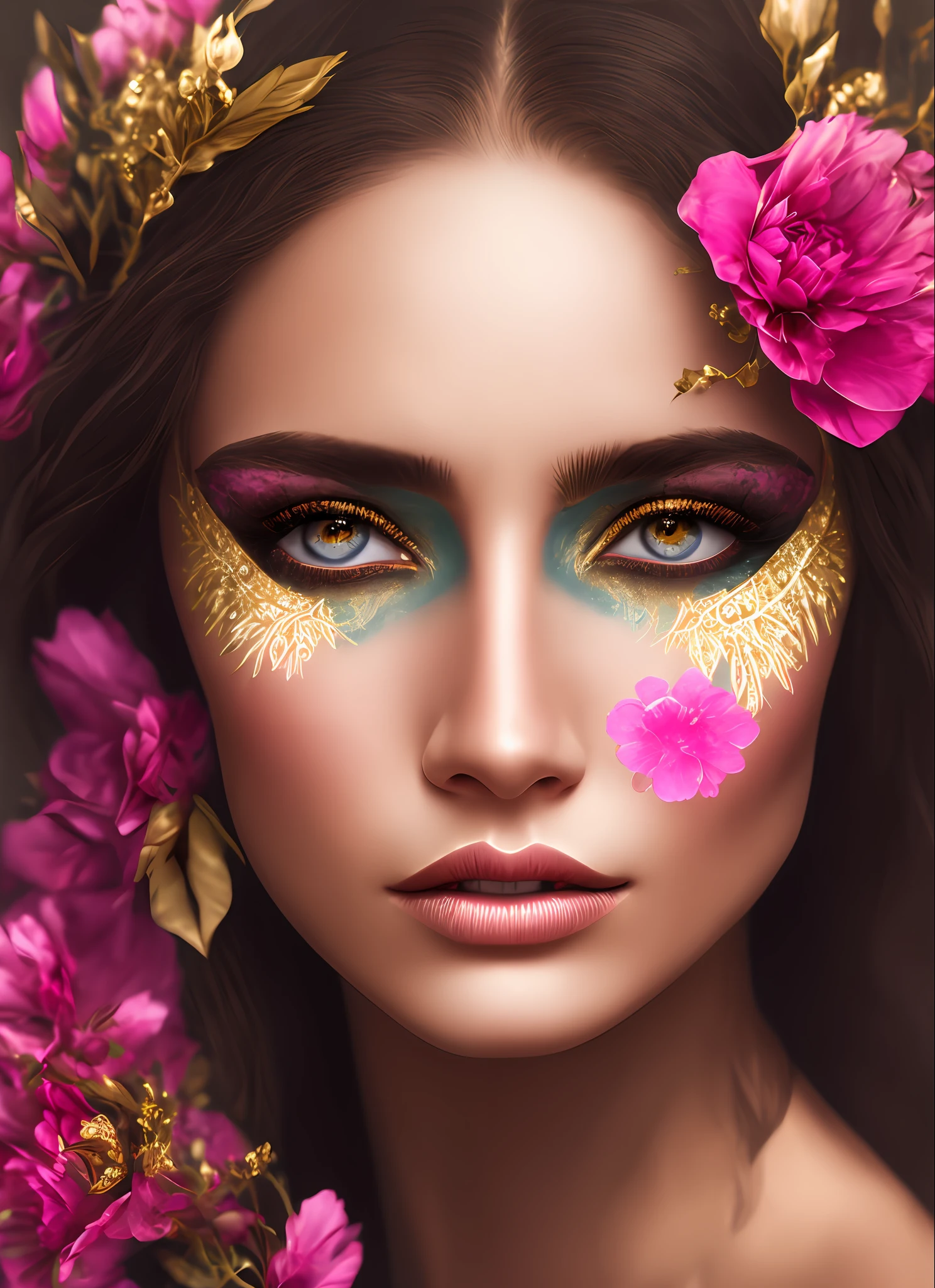 (symmetry:1.1) (portrait of floral:1.05) a woman as a beautiful goddess, (assassins creed style:0.8), pink and gold and opal color scheme, beautiful intricate filegrid facepaint, intricate, elegant, highly detailed, digital painting, artstation, concept art, smooth, sharp focus, illustration, art by greg rutkowski and alphonse mucha, 8k