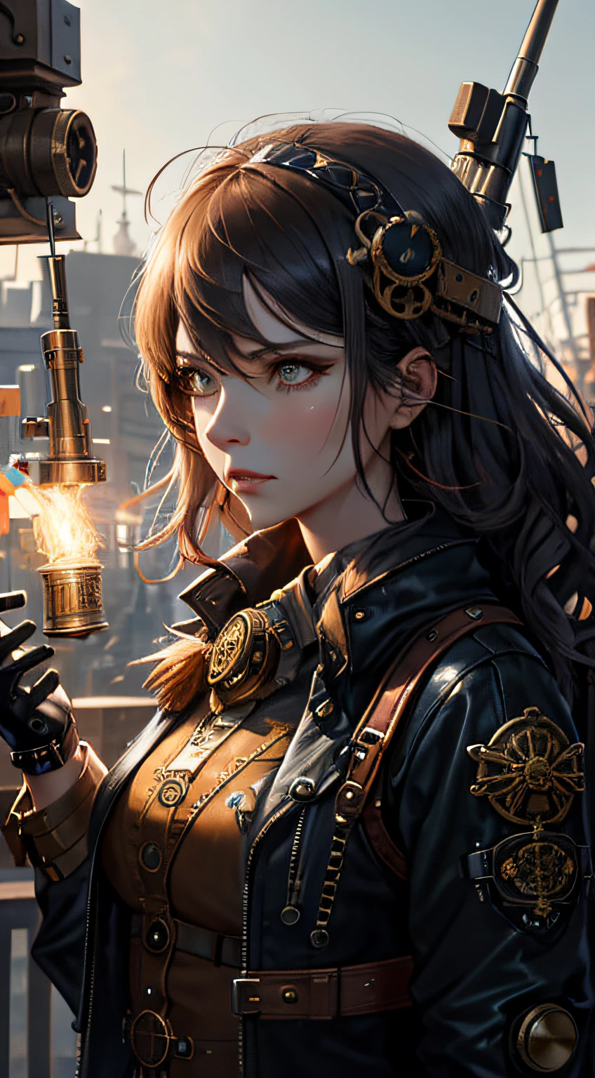 (mechanical rune woman, angry face, sexy body, very obvious carmelto, holding a rifle gun), (ridiculous, high definition, super detailed), 1woman, mature female, age, wavy long hair normal random hair color, fine eyes and detailed face, extremely detailed CG Unity 8k wallpaper, intricate details, (style steampunk: 0.8), (full steampunk clothes), portrait, half shot, detailed background, (steampunk theme: 1.1), floating lights, colorful leather vest with gears, technical clothing, jetpack, workshop in background, machine, gear, steam, industrial, technology, stove, dirt, anvil, button, lever, automata, electricity, electric spark epic atmosphere, portrait