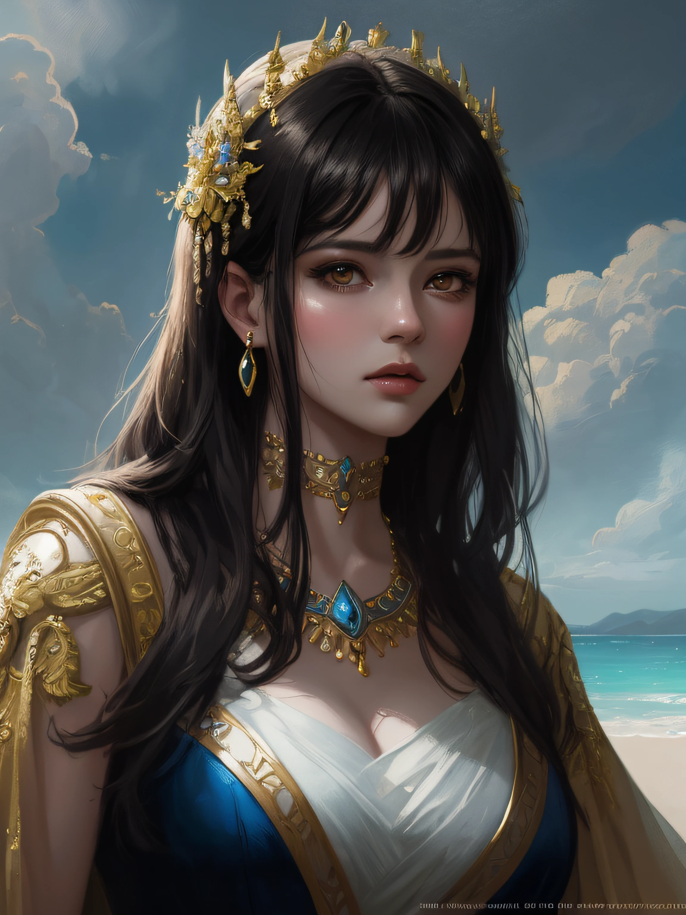 modelshoot style, (extremely detailed CG unity 8k wallpaper), full shot body photo of the most beautiful artwork in the world, stunningly beautiful photo realistic cute young lady in most modern outfit, big breast, professional majestic oil painting by Ed Blinkey, Atey Ghailan, Studio Ghibli, by Jeremy Mann, Greg Manchess, Antonio Moro, trending on ArtStation, trending on CGSociety, Intricate, High Detail, Sharp focus, dramatic, photorealistic painting art by midjourney and greg rutkowski, Waist high Portrait of an exotic beautiful caucasian woman wearing trendy clothing at a beach, perfect detailed face, detailed symmetric hazel eyes with circular iris, realistic, stunning realistic photograph, 3d render, octane render, intricately detailed, cinematic, trending on artstation, Isometric, Centered hipereallistic cover photo, awesome full color, hand drawn, dark, gritty, mucha, klimt, erte 12k, high definition, cinematic, neoprene, behance contest winner, portrait featured on unsplash, stylized digital art, smooth, ultra high definition, 8k, unreal engine 5, ultra sharp focus, intricate artwork masterpiece, ominous, epic, TanvirTamim, trending on artstation, by artgerm, h. r. giger and beksinski, highly detailed, vibrant woman with big boobs