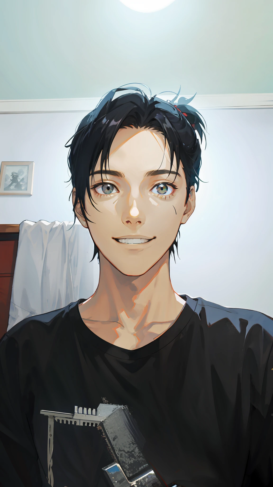 png render of a young man sitting at a modern wooden desk looking into the camera, the man is wearing a black t-shirt, filmmaker bedroom background, scruffy black hair, hands on the table, clear skin texture, cinematic, warm, soft lighting, close portrait, smiling, 24mm lens, f/1.4, in the style of Naruto Shippuden Character, RGB light