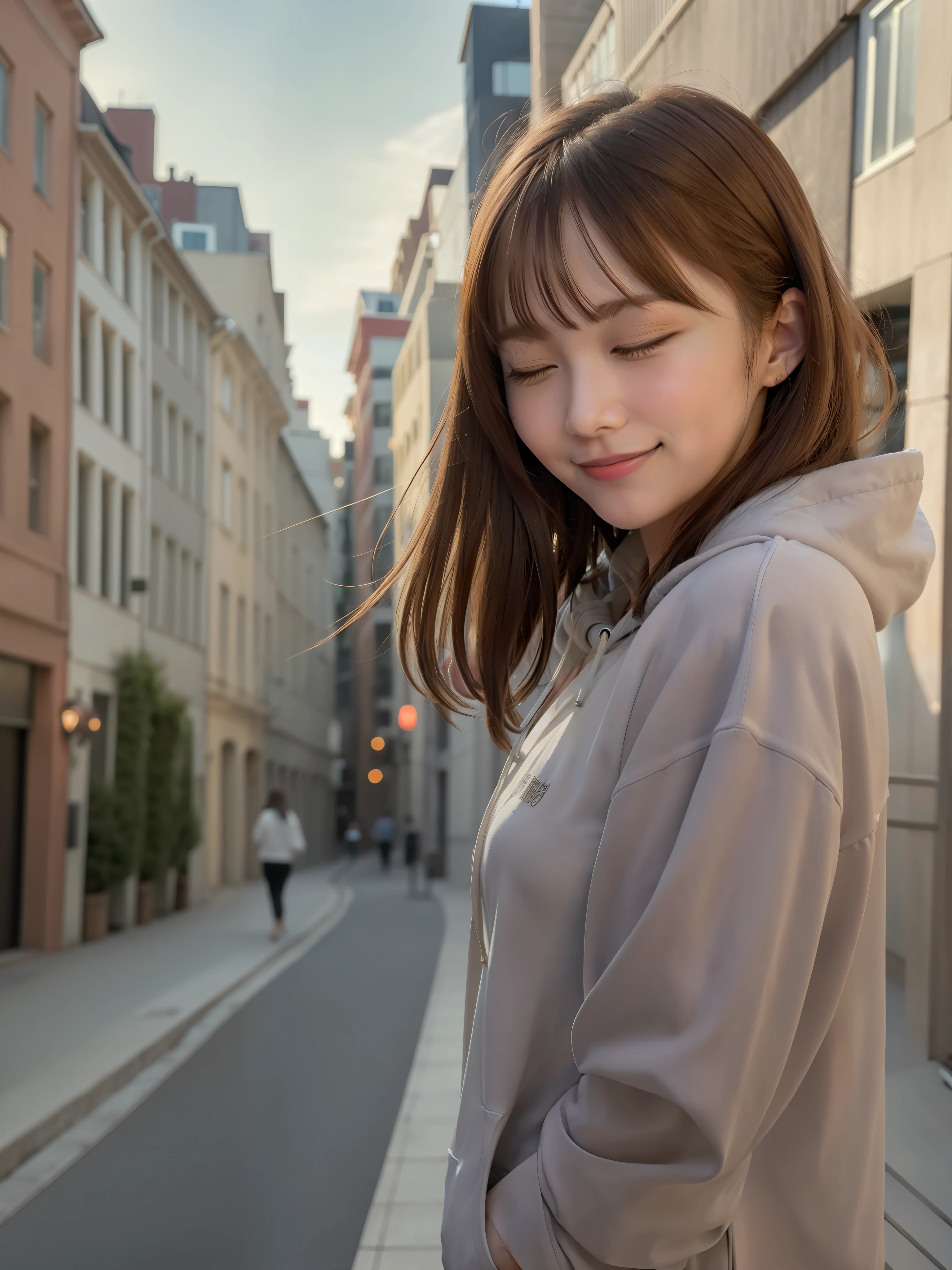 ((Masterpiece)), (Best Quality), 1 girl, Hoodie, Brown hair, Long hair, Smile, Hands on back, Closed eyes, Cute, City, Real, Live Action,