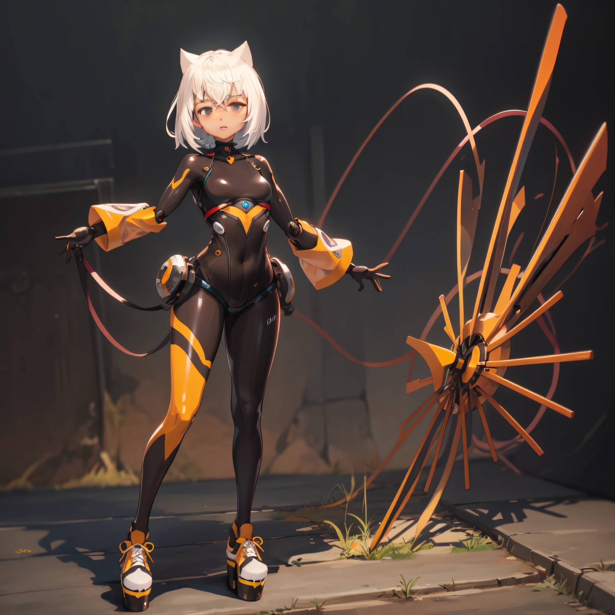 Monad, Full Body, Robot Body, Platform Shoes, Manequin Pose, Empty Eyes, Best Quality, Extremely Detailed, Brown Eyes, 1Girl, Solo, Short Hair, Thighs.