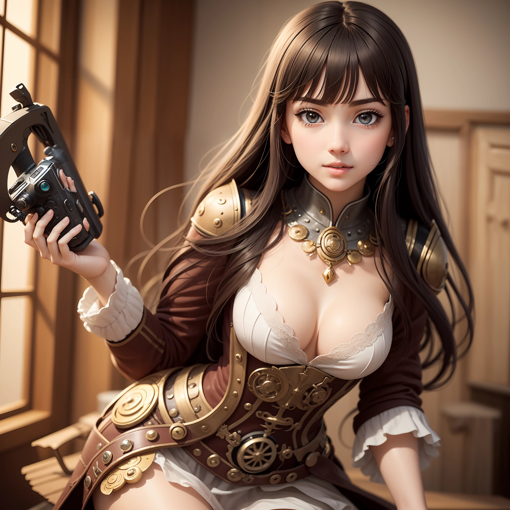 steampunk, very detailed beautiful girl, very detailed face, very detailed eyes, very detailed skin, very detailed fingers, very detailed nose, very detailed detailed mouth, perfect anatomy, detailed background, detailed clothes, one girl, (20:1.2), 20s, incredible beautiful girl, realistic body, petite, white skin, radiant skin, slim body, handsome body, slightly brownish black hair, Long straight hair, (dull bangs: 1.2), cute, youthful, pretty face, realistic face, delicate eyes, sagging eyes, princess dress, long boots, camera gaze, cowboy shot, front facing, standing position, contraposto, dynamic lighting, small pretty breasts, cowboy shot