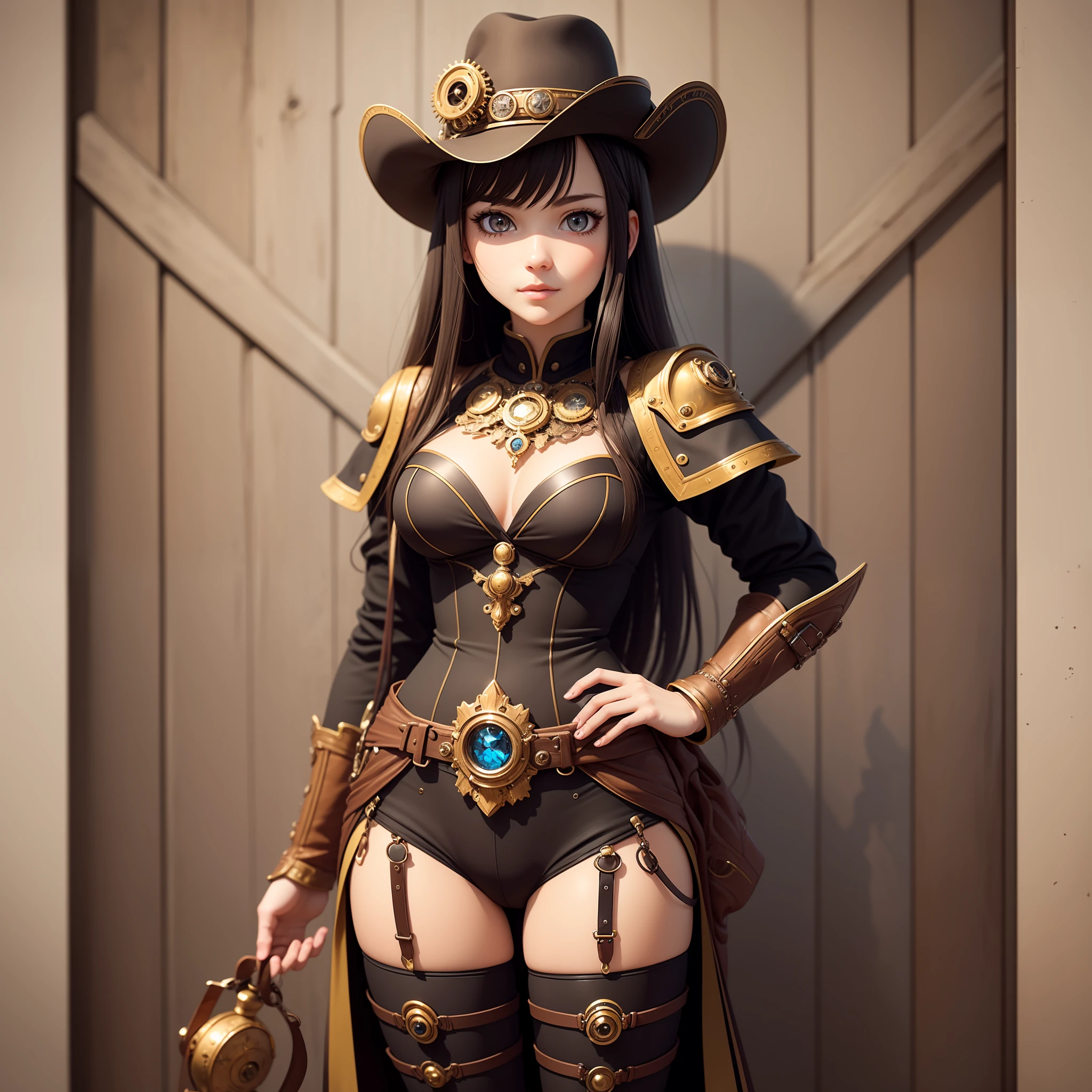 steampunk, very detailed beautiful girl, very detailed face, very detailed eyes, very detailed skin, very detailed fingers, very detailed nose, very detailed detailed mouth, perfect ???????, detailed background, detailed clothes, one girl, (20:1.2), 20s, incredible beautiful girl, realistic body, petite, white skin, radiant skin, slim body, handsome body, slightly brownish black hair, Long straight hair, (dull bangs: 1.2), cute, youthful, pretty face, realistic face, delicate eyes, sagging eyes, princess dress, long boots, camera gaze, cowboy shot, front facing, standing position, contraposto, dynamic lighting, small pretty breasts, cowboy shot