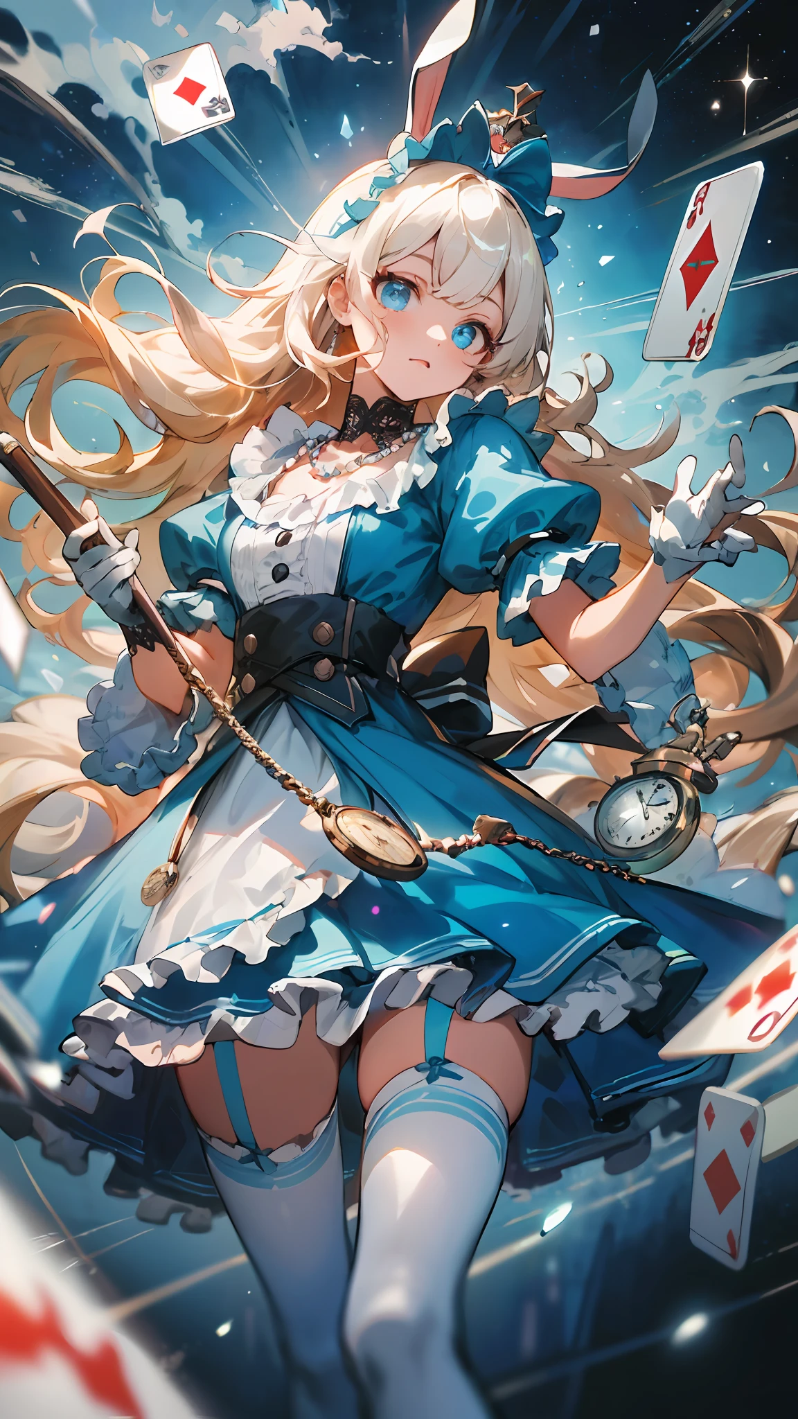 Super gorgeous, extreme multiplication, shiny crystal, (beautiful detailed eyes), movie lighting, white hair, blue eyes, long blonde hair, curly hair, Roman curls, princess sleeves, frills, glowing eyes, (illuminated particles), cloudy, alice in wonderland, blue eyes, light blue skirt, walking stick, dramatic composition, extreme detail, high resolution, Mr. Rabbit, white rabbit, pocket watch, playing cards flying in the air, Lolita dress, blue and white striped stockings, bow, look at the camera, socks with frills, pearl necklace, Lace gloves, large bow headdress, ribbon, jump, fall, levitation, cloudy, starry, dreamy