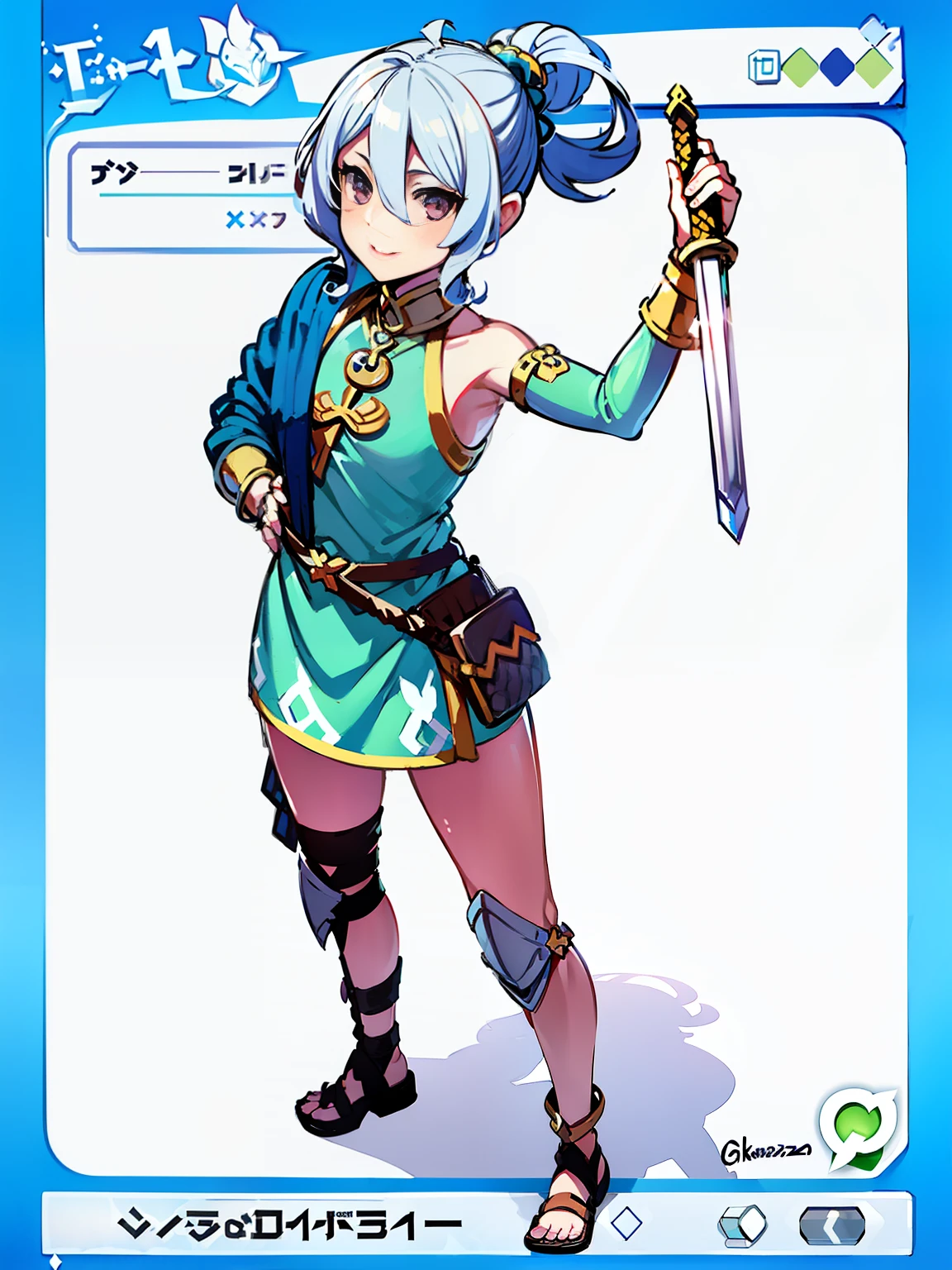 anime character with sword in hand and blue background, female protagonist 👀 :8, knights of zodiac girl, she is holding a sword, armor girl, aqua from konosuba, cushart krenz key art feminine, demon slayer rui fanart, cushart kenz, trading card, by Okada Beisanjin, ( ( character concept art ) )
