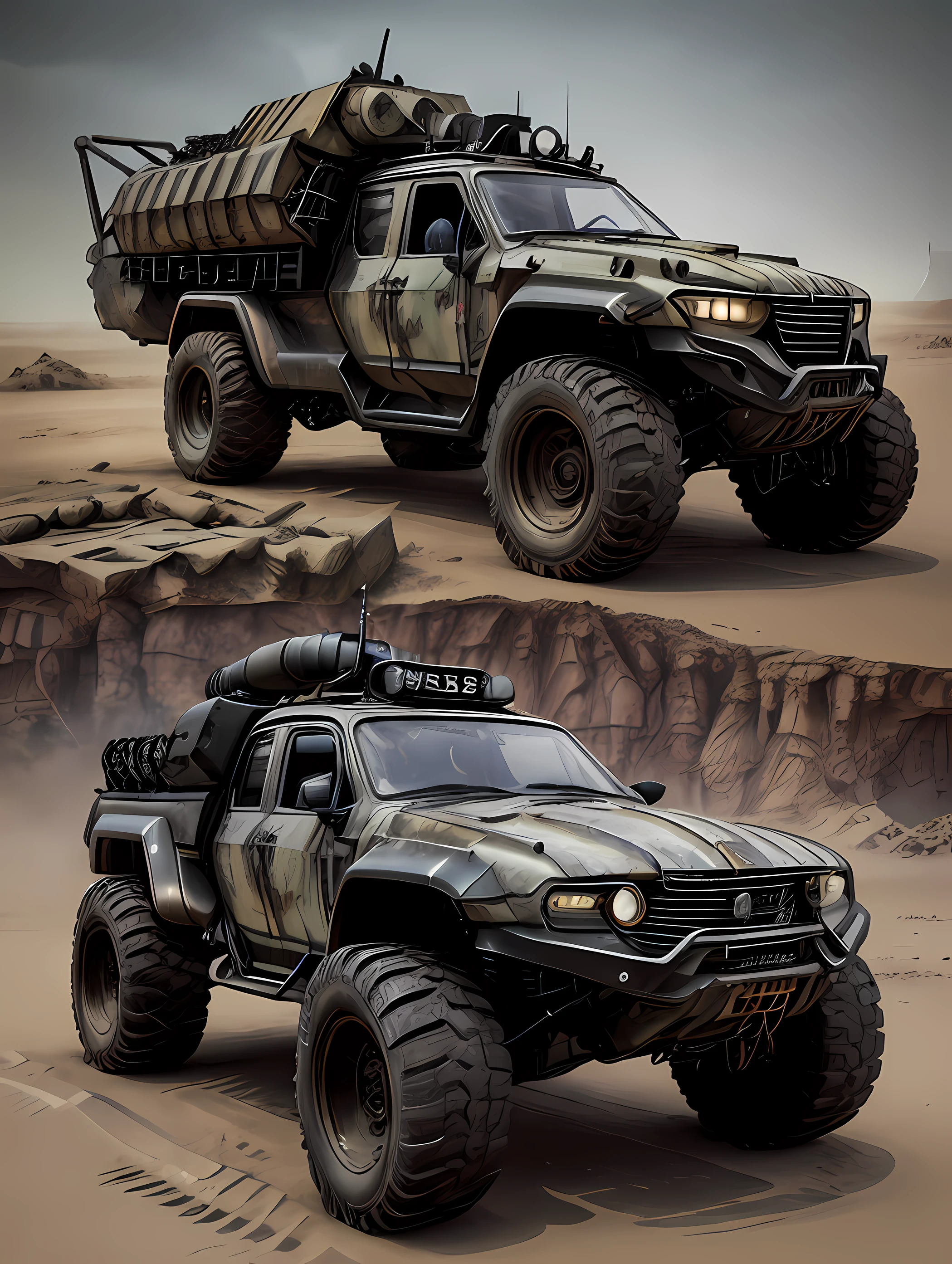 DISEL PUNK, araf cargo truck on the back (WEAPONS, CANNONS, DESTRUCTIVE, MISSILES, SUBMACHINE GUNS), concept art by Aleksander Kobzdej, deviantart, self-destructive art, EXTREMELY full of alien military equipment, military transport platform with apocalyptic weapons and missiles, in Mad Max style, polished and intricate state-of-the-art military vehicles, heavily armored, mechanized transport full of mechanics,  Futuristic vehicle, concept vehicle with incredible apocalyptic adaptations, vehicles, fully armored, redneck, perfect combination of war vehicles, technology and science, ((((Extremely detailed, finely tuned and defined, finely detailed, extremely intricate,