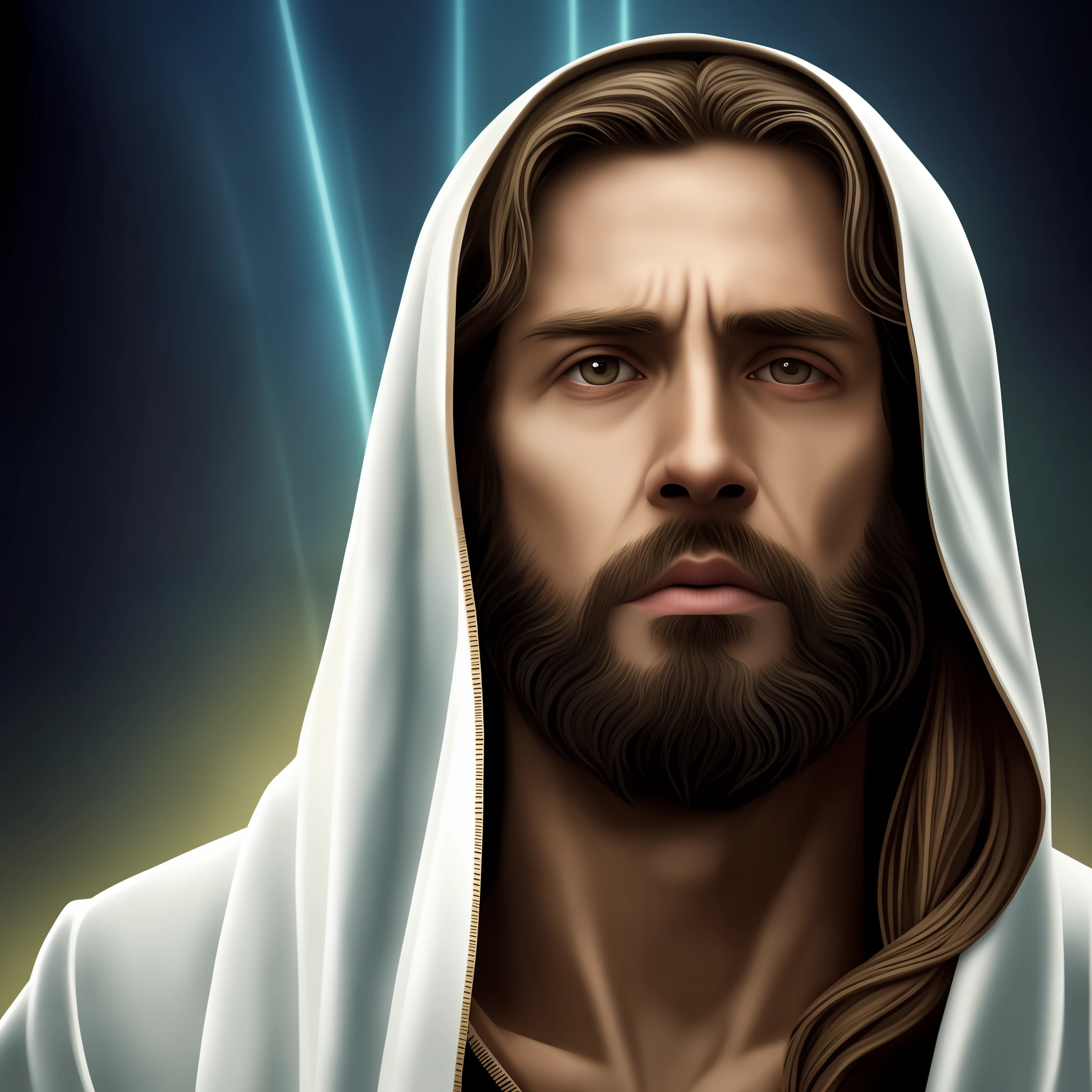 jesus with a beard and a white robe, portrait of jesus christ, jesus face, jesus christ, jesus of nazareth, tron legacy jesus christ, jesus christ in mass effect, tron legacy jesus, jesus, bible illustration, dressed like jesus christ, the lord and savior, fan art, gigachad jesus, black jesus, airbrush digital oil painting, cyberpunk jesus christ