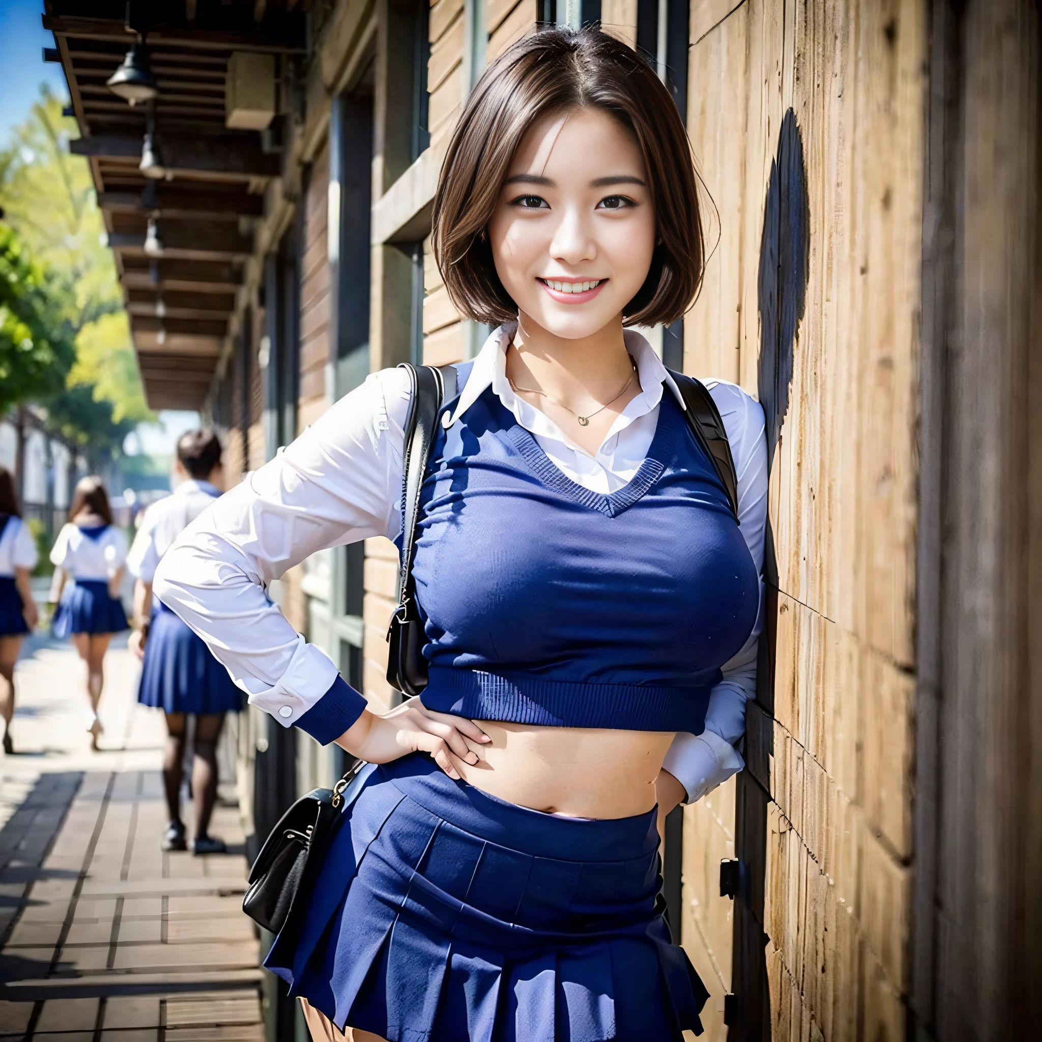 ((top quality, 8k, masterpiece: 1.3)), pretty woman with perfect figure: 1.4, (big breasts: 1.2), very detailed face and skin texture, detailed eyes, high school student, uniform, blouse, miniskirt, (posing at school: 1.2), 1girl, cinematic, full body, goddess of Japan, short hair, smile, there are students, being watched by people,